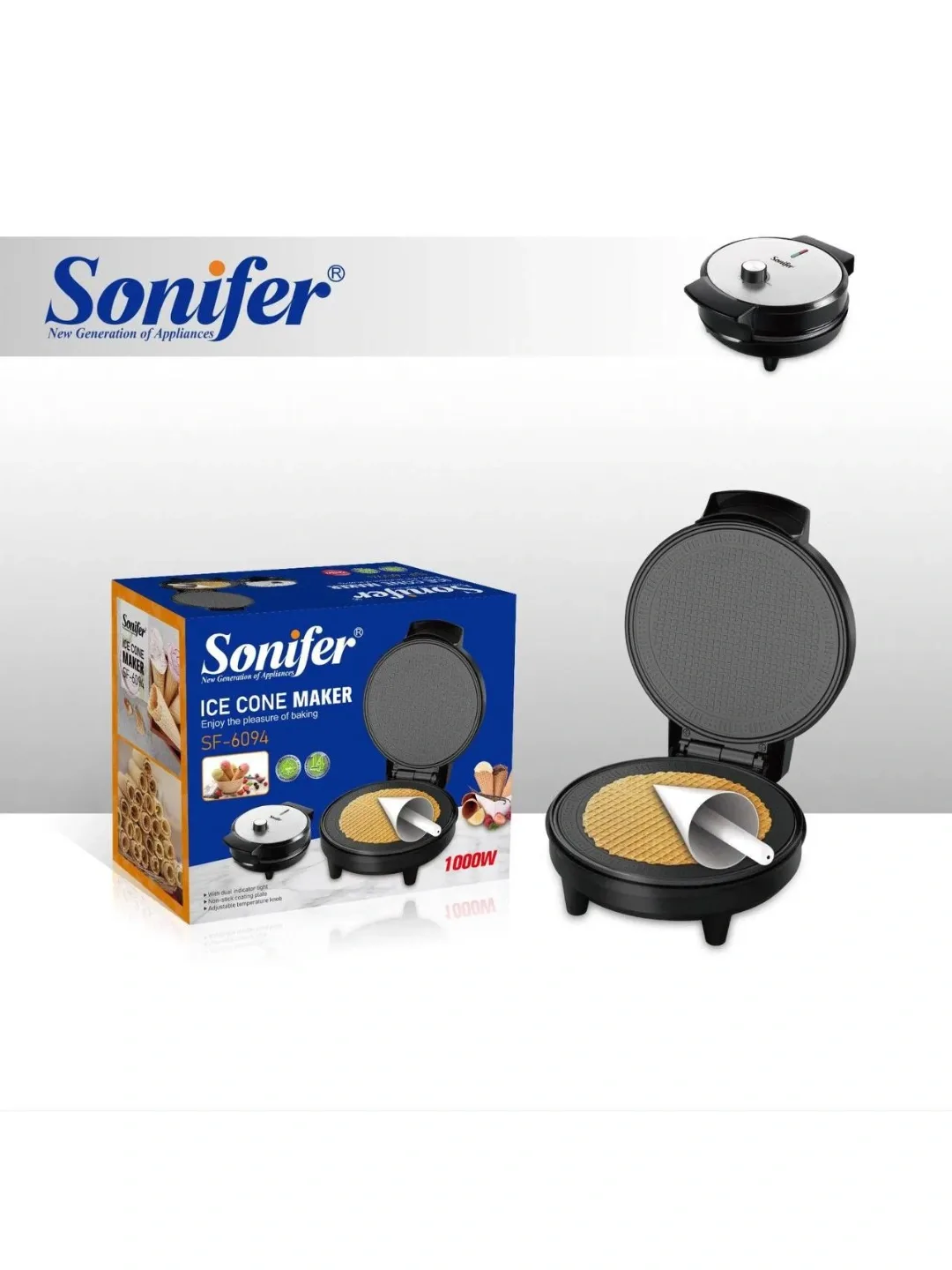 Elektr vafli pishirgich Sonifer SF-6094, 1000 Vt, qora