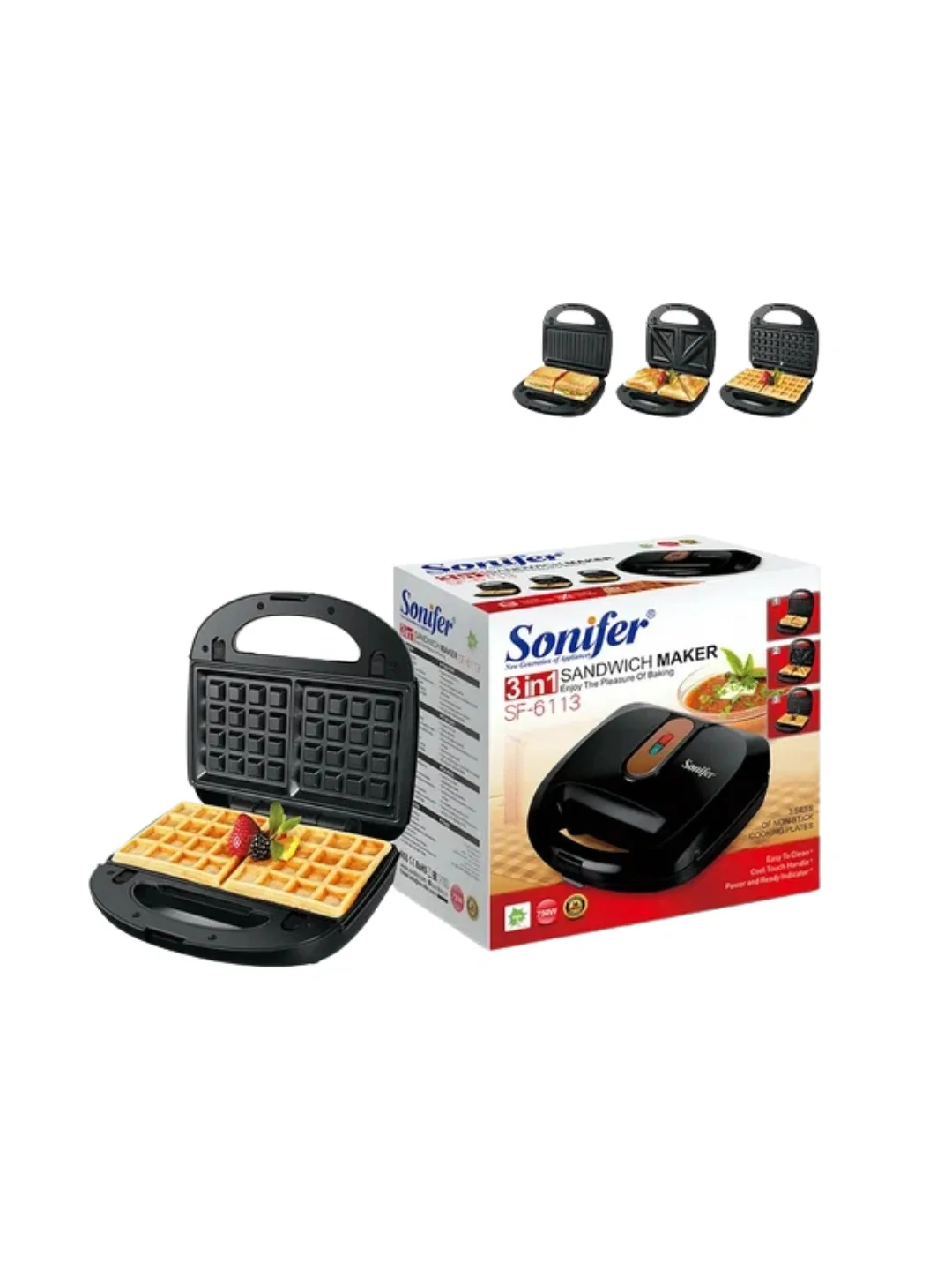 Sendvich va vafli pishirgich Sonifer SF-6113, 750 Vt, qora