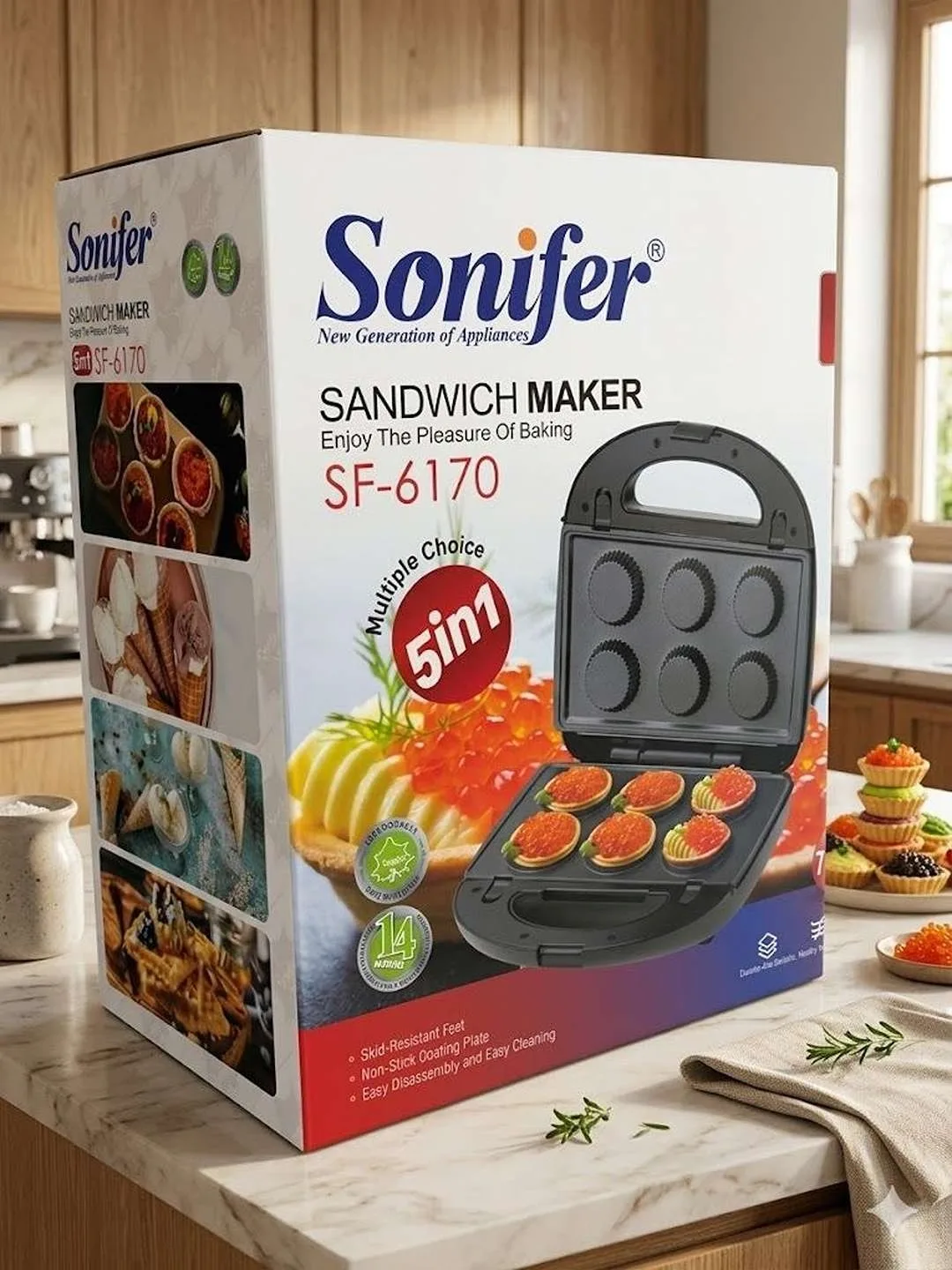 Sendvich va vafli pishirgich Sonifer SF-6170 5 tasi 1 da, qora-kulrang