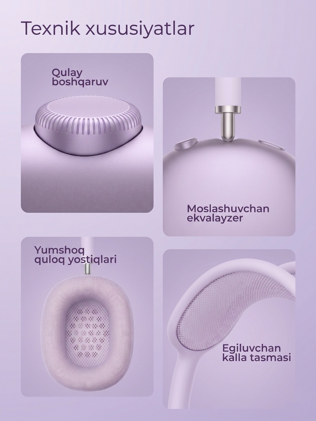 Pods Max Lux Binafsha Premium Simsiz Quloqchinlar - 4