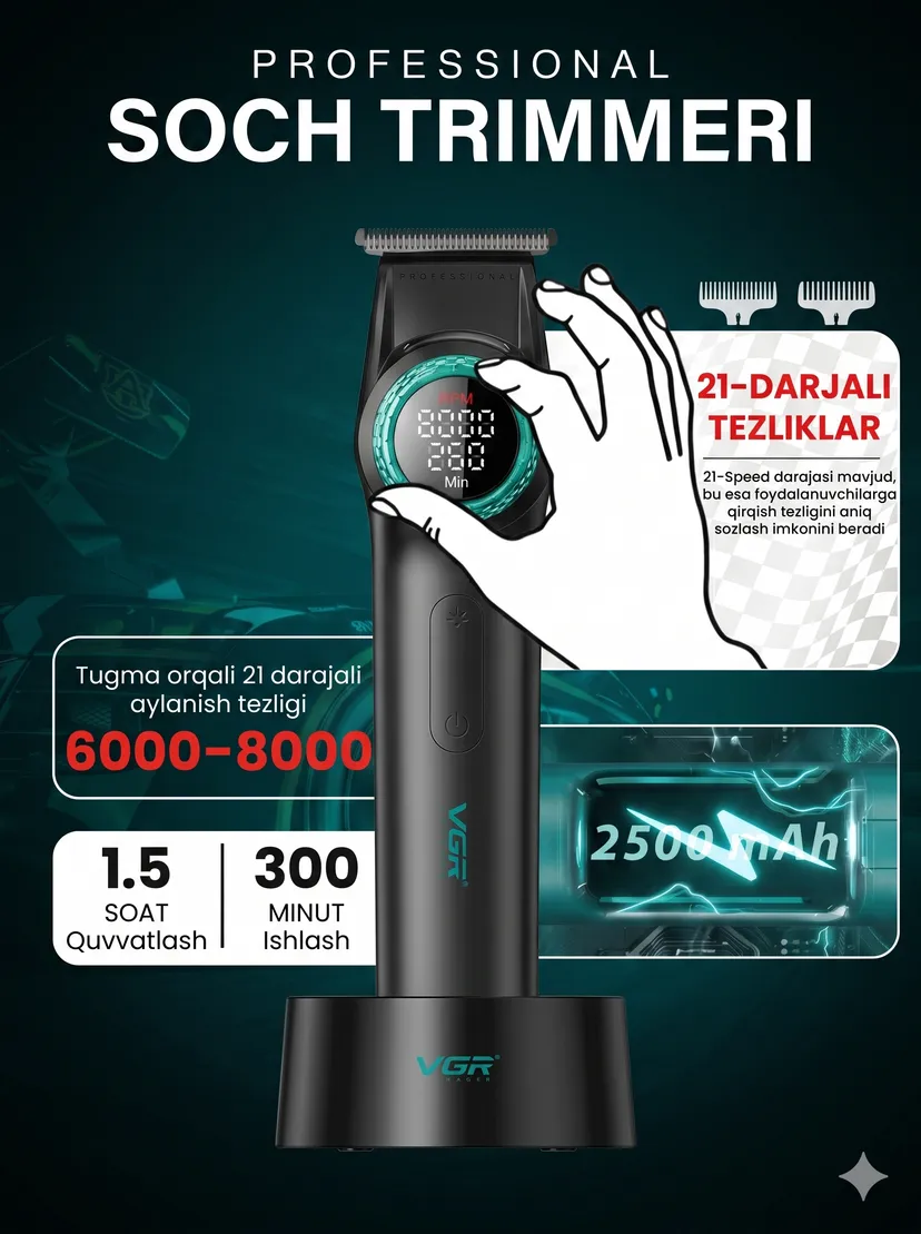 Профессиональный триммер для волос и бороды VGR V-001-977, Черный