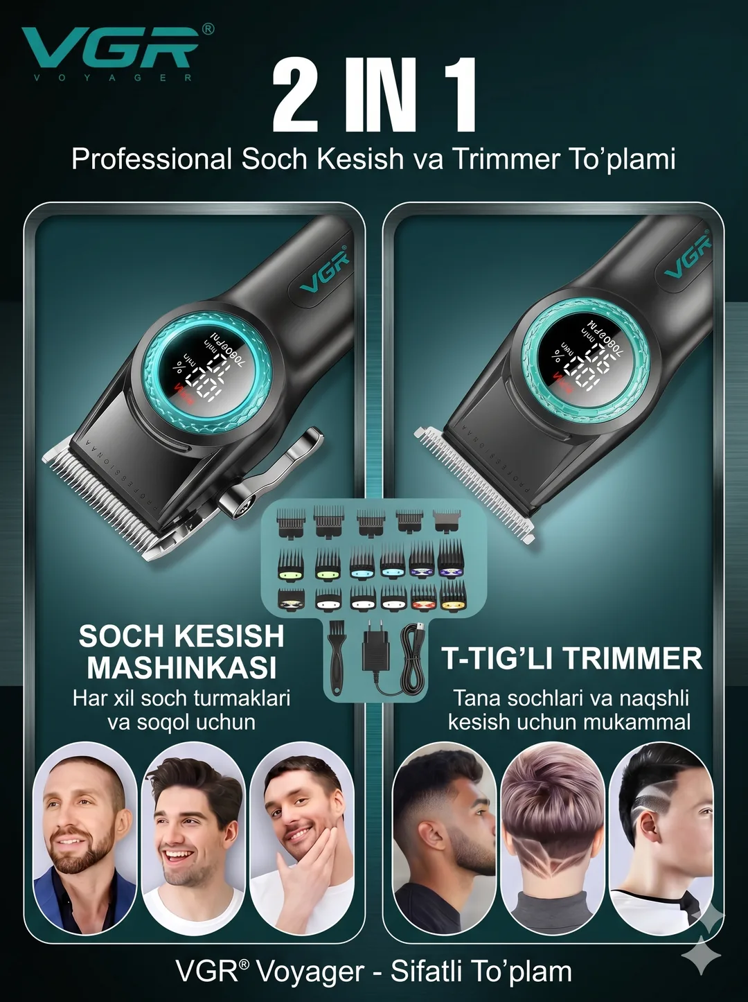 VGR V-001-977 Professional 3-ta-1da Soch Kesish To'plami, LCD, Zaryadlash Stantsiyasi
