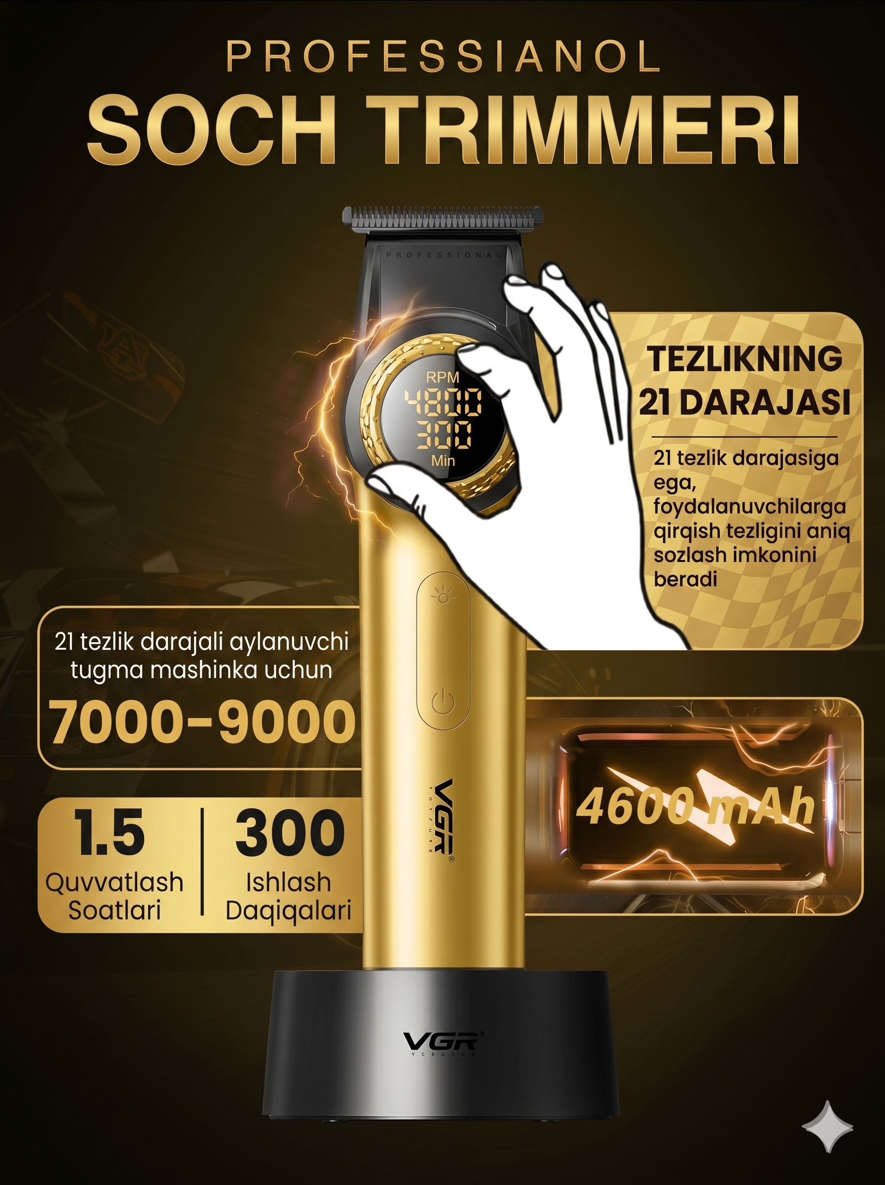 VGR V-001-977 Professional 3-ta-1da Soch Kesish To'plami, LCD, Zaryadlash Stantsiyasi - 4