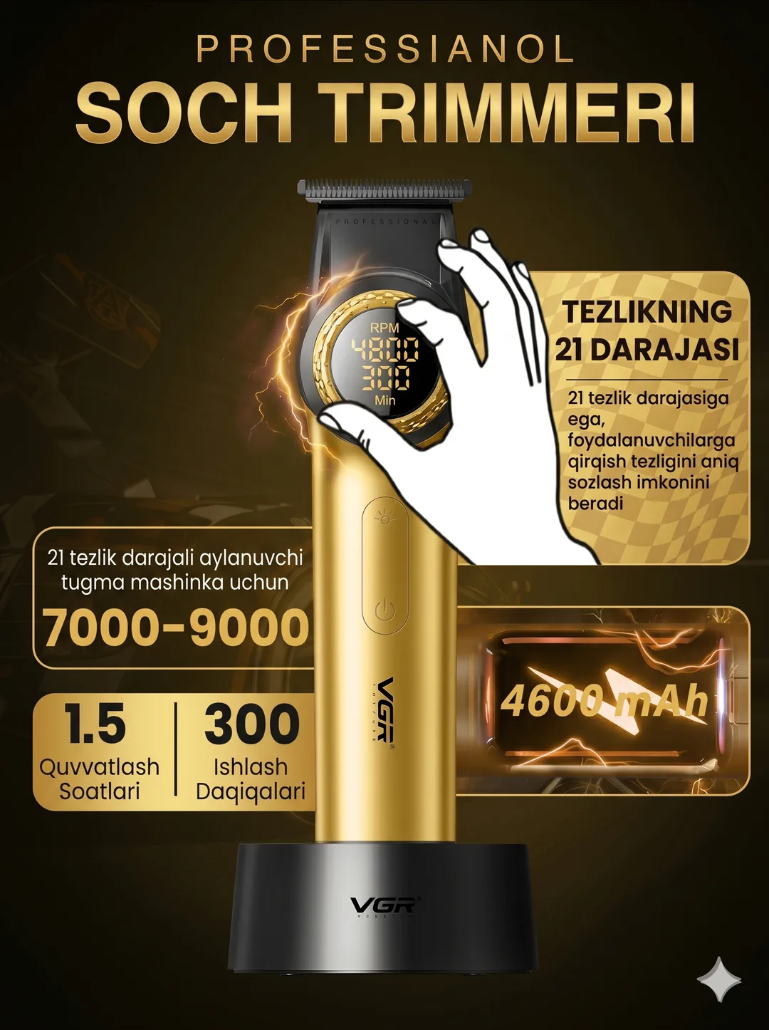 VGR V-001-977 Professional 3-ta-1da Soch Kesish To'plami, LCD, Zaryadlash Stantsiyasi