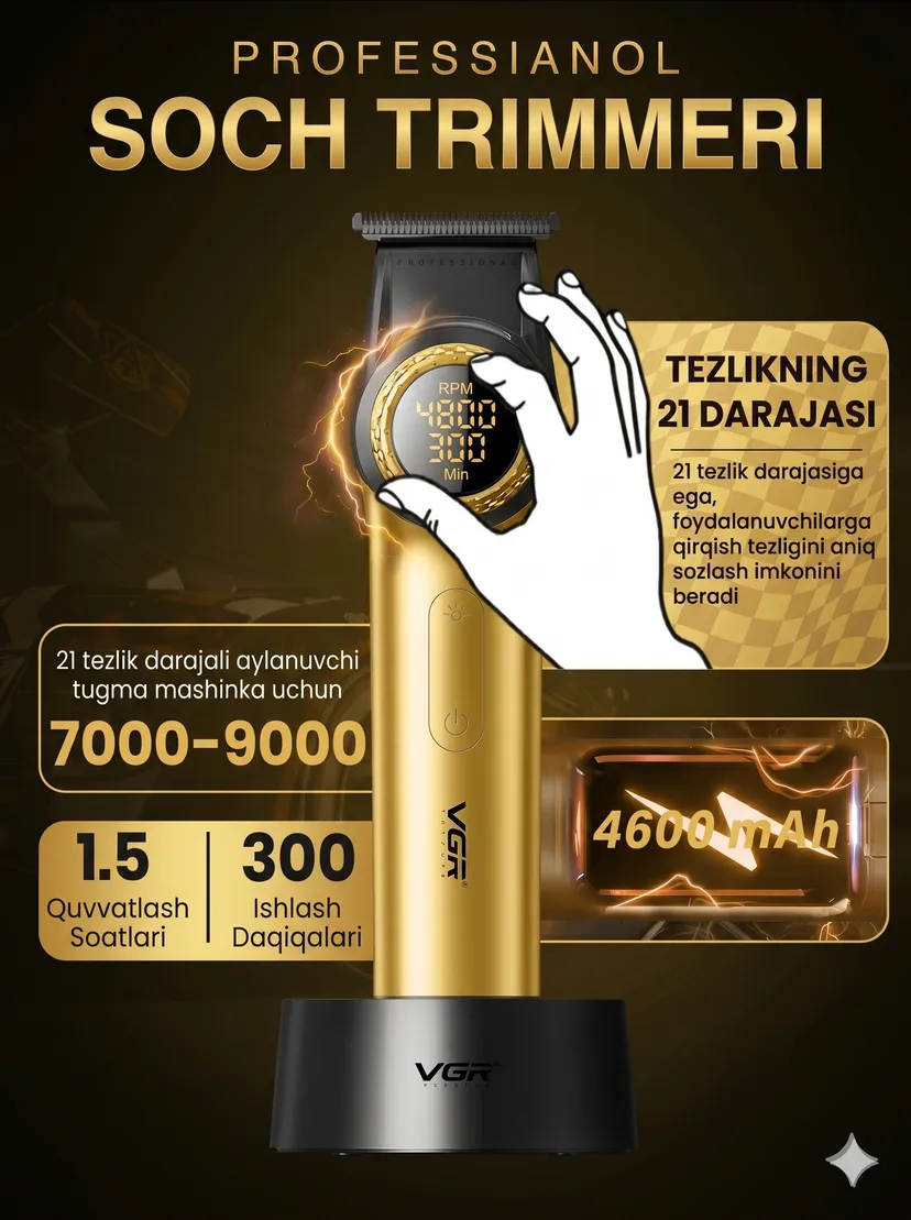 Профессиональный триммер для волос и бороды VGR V-001-977-GOLD, Золотой