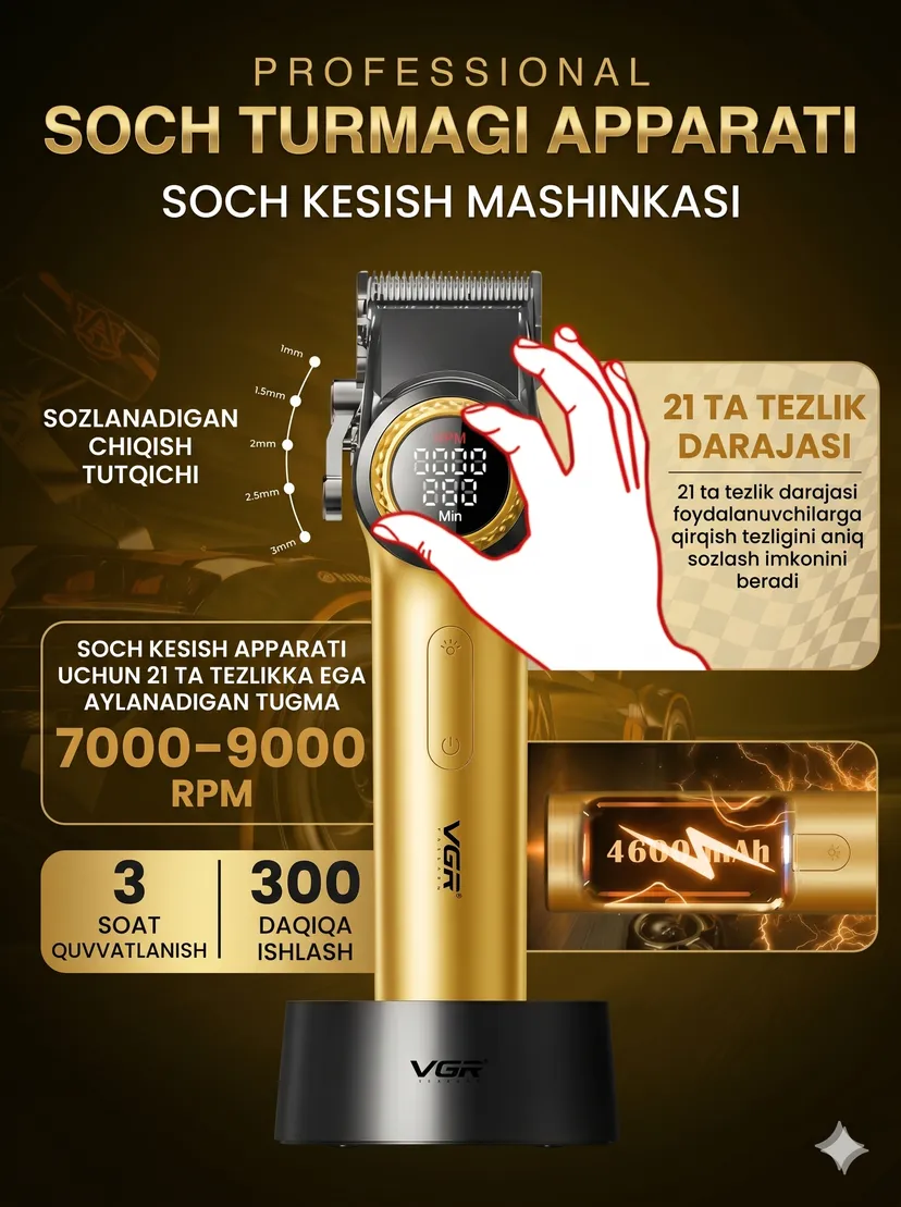 Профессиональный триммер для волос и бороды VGR V-001-977-GOLD, Золотой