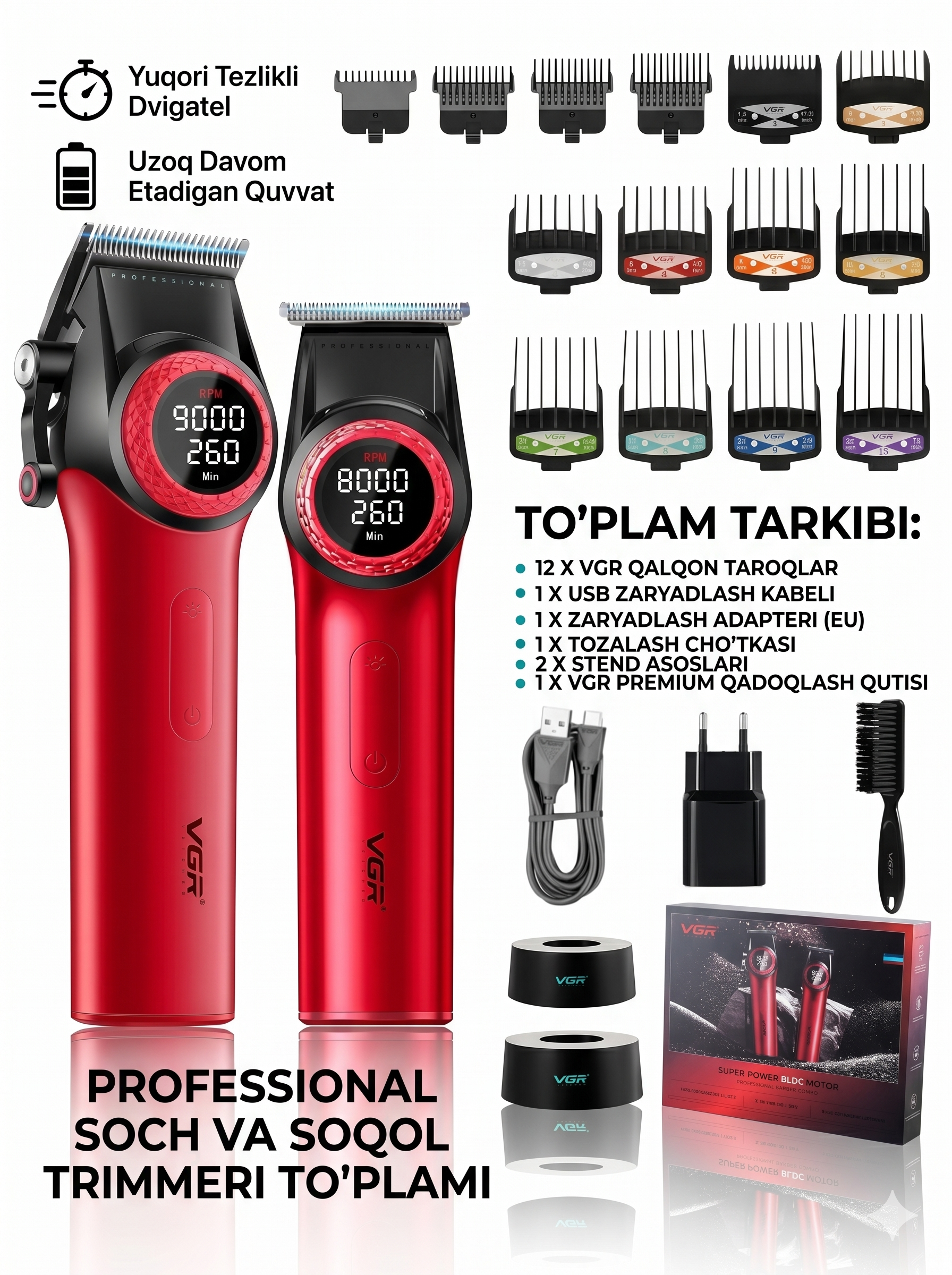 VGR V-001-977 Professional 3-ta-1da Soch Kesish To'plami, LCD, Zaryadlash Stantsiyasi - 8