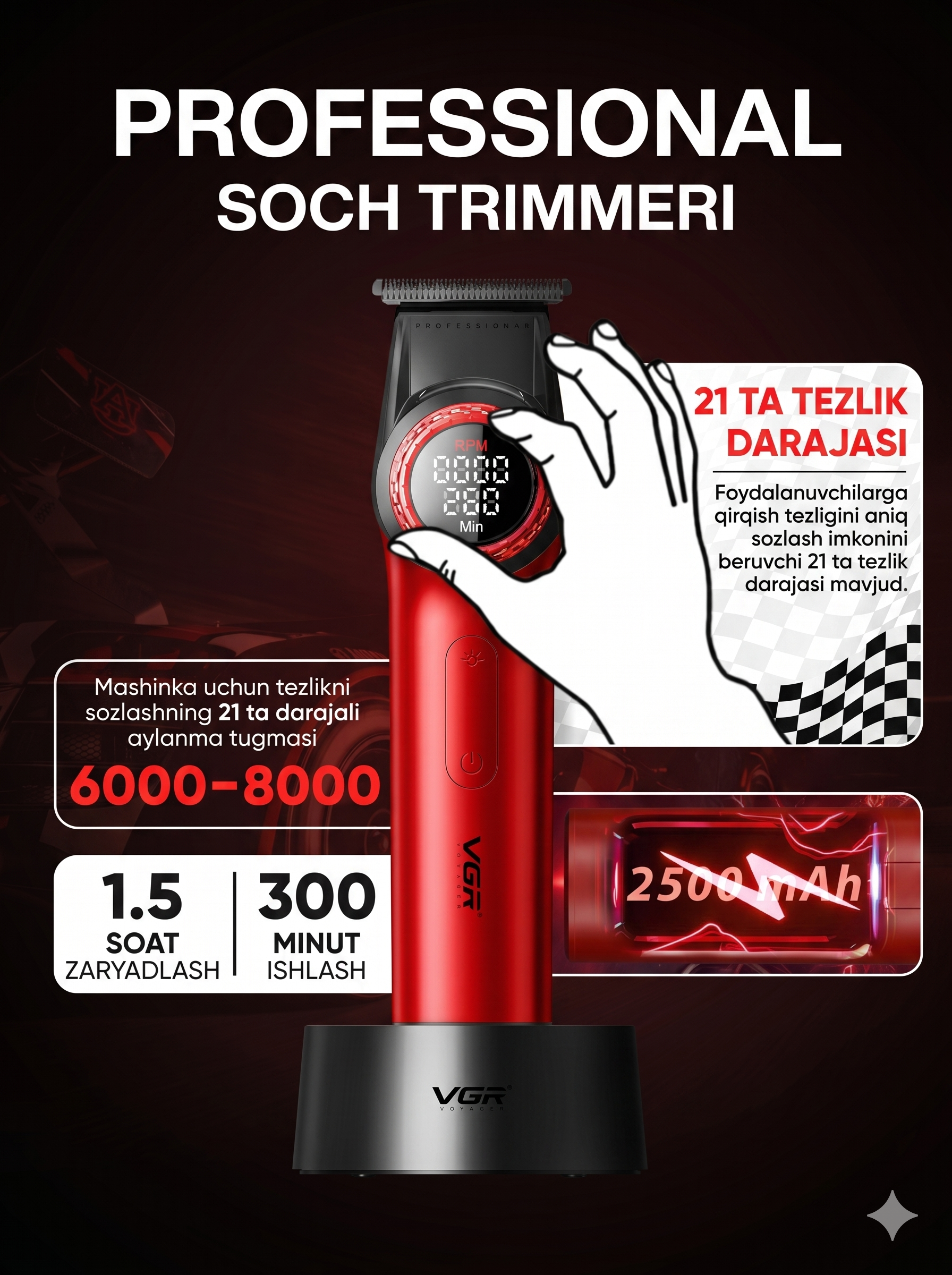 VGR V-001-977 Professional 3-ta-1da Soch Kesish To'plami, LCD, Zaryadlash Stantsiyasi - 4