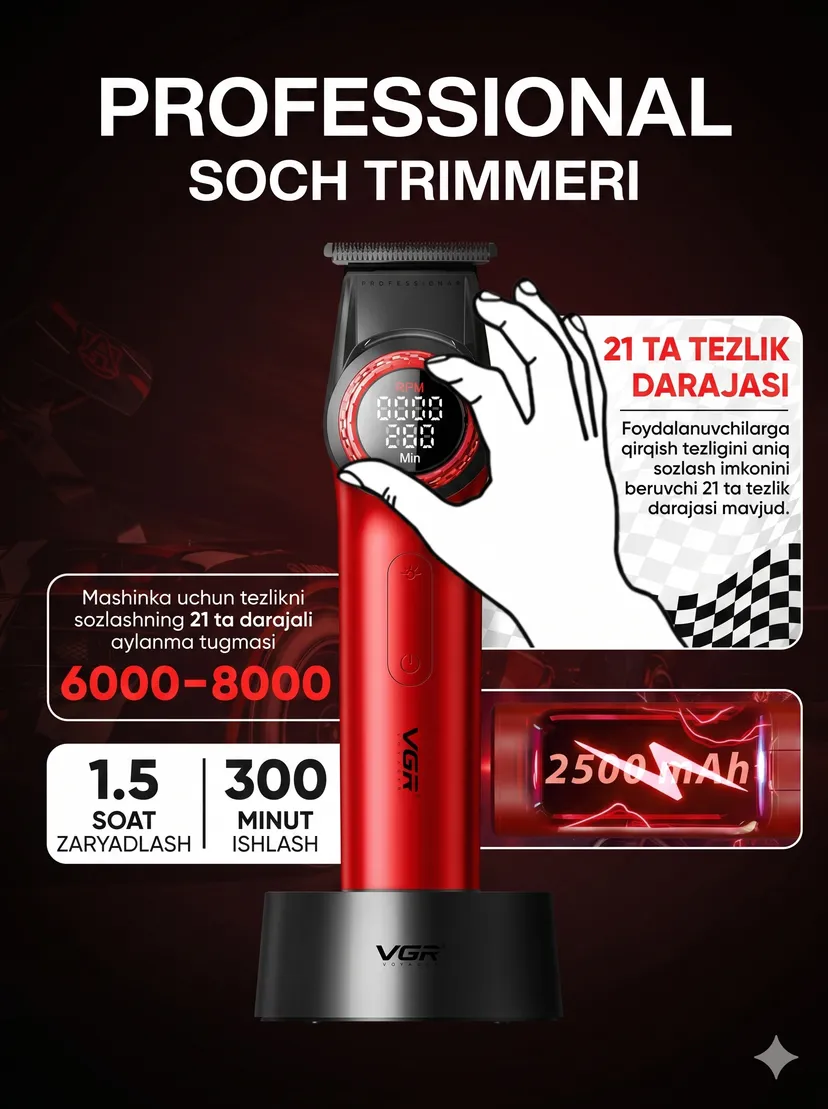 Профессиональный триммер для волос и бороды VGR V-001-977, Красный