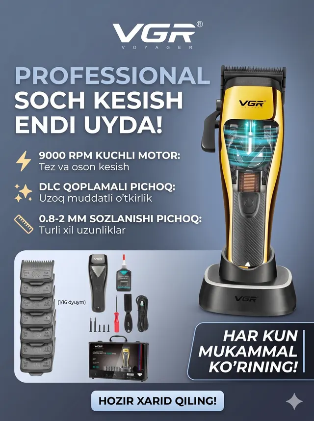 VGR V-015 Professional Soch Kesish Mashinkasi, 9000 RPM, DLC Pichoqli, Oltin / Qora