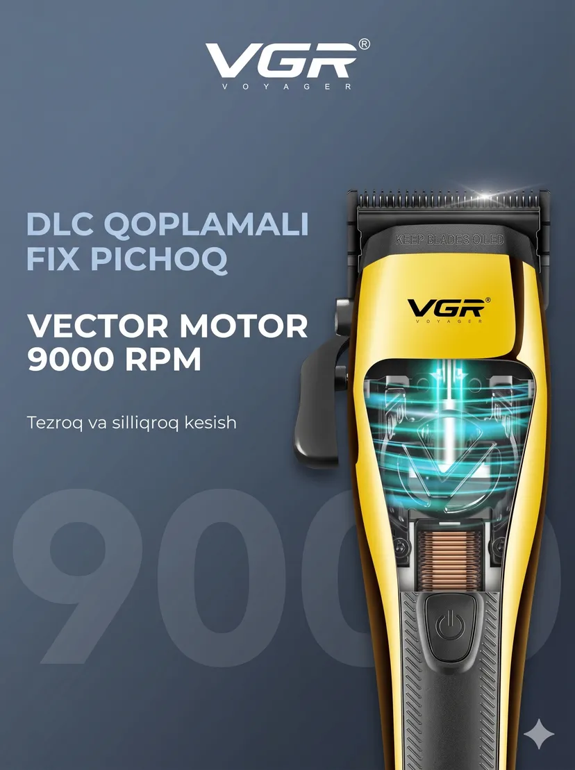 VGR V-015 Professional Soch Kesish Mashinkasi, 9000 RPM, DLC Pichoqli, Oltin / Qora