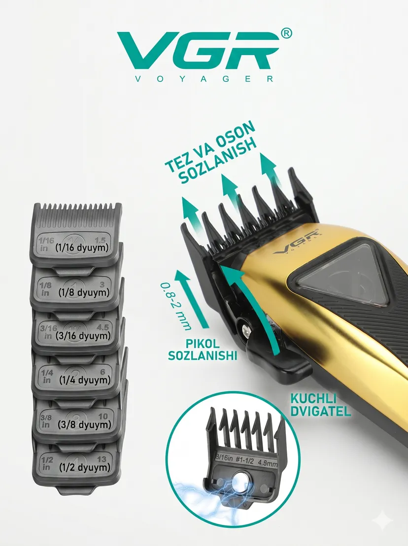 VGR V-015 Professional Soch Kesish Mashinkasi, 9000 RPM, DLC Pichoqli, Oltin / Qora