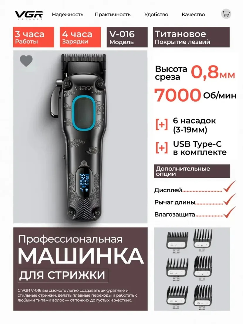 Профессиональный триммер для волос и бороды VGR V-016, Титан