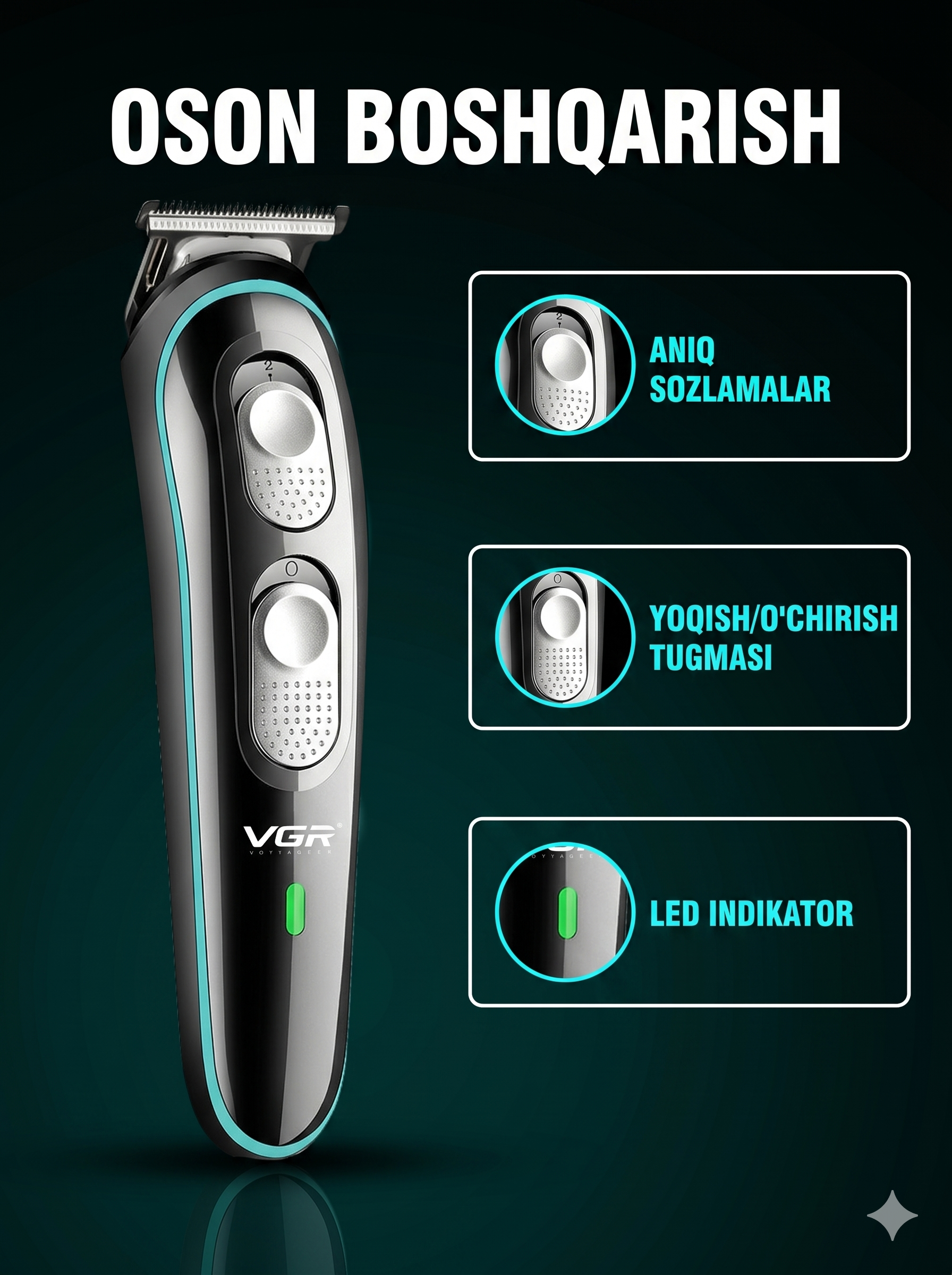 VGR V-055 Soch Kesish Trimmeri, T-pichoq, LED Indikator, 2 Tugma - 2
