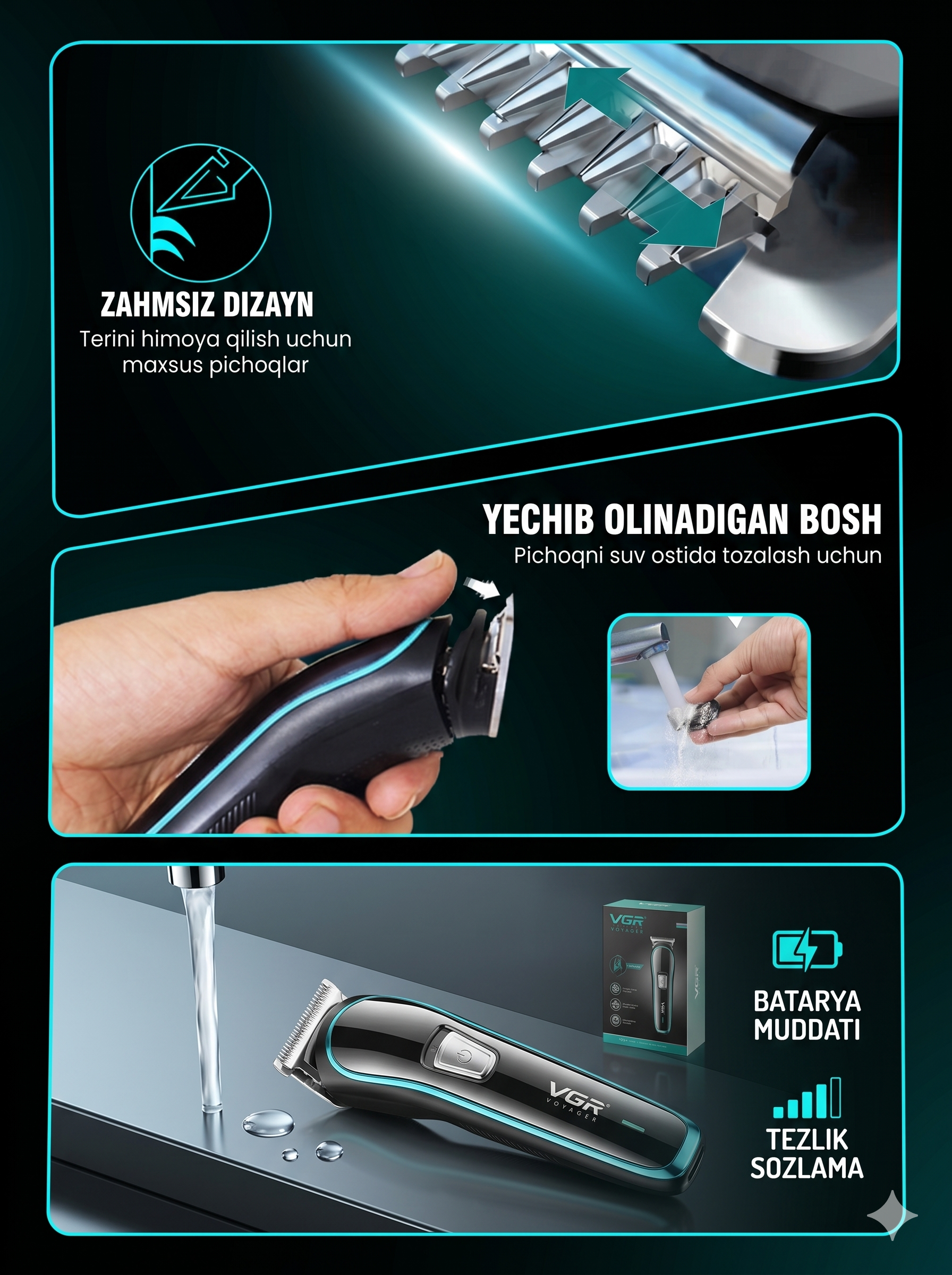 VGR V-055 Soch Kesish Trimmeri, T-pichoq, LED Indikator, 2 Tugma - 4