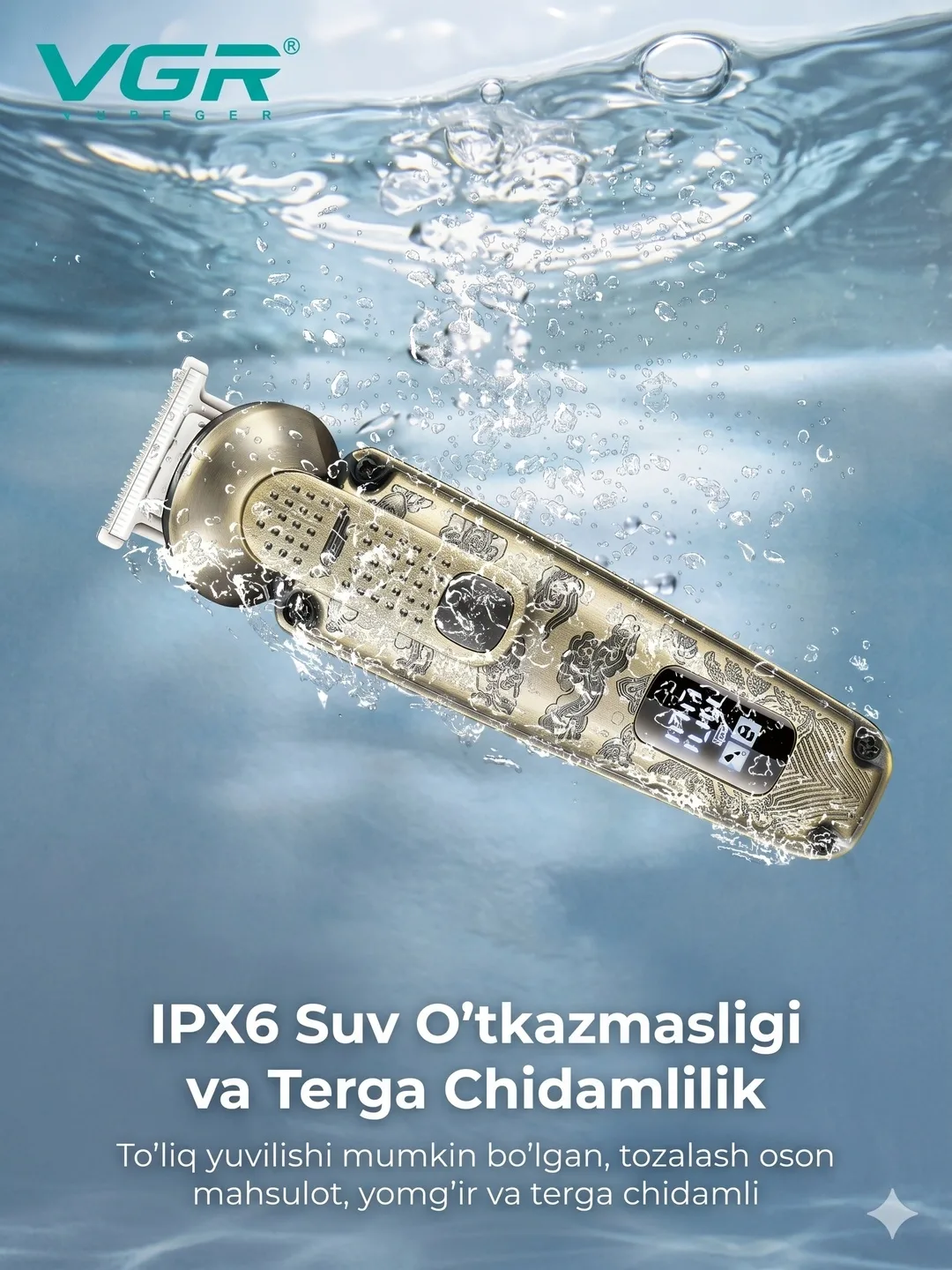 VGR V-095 Kristal Shaffof T-pichoqli Trimmer, IPX6 Suv O'tkazmas, Oltin
