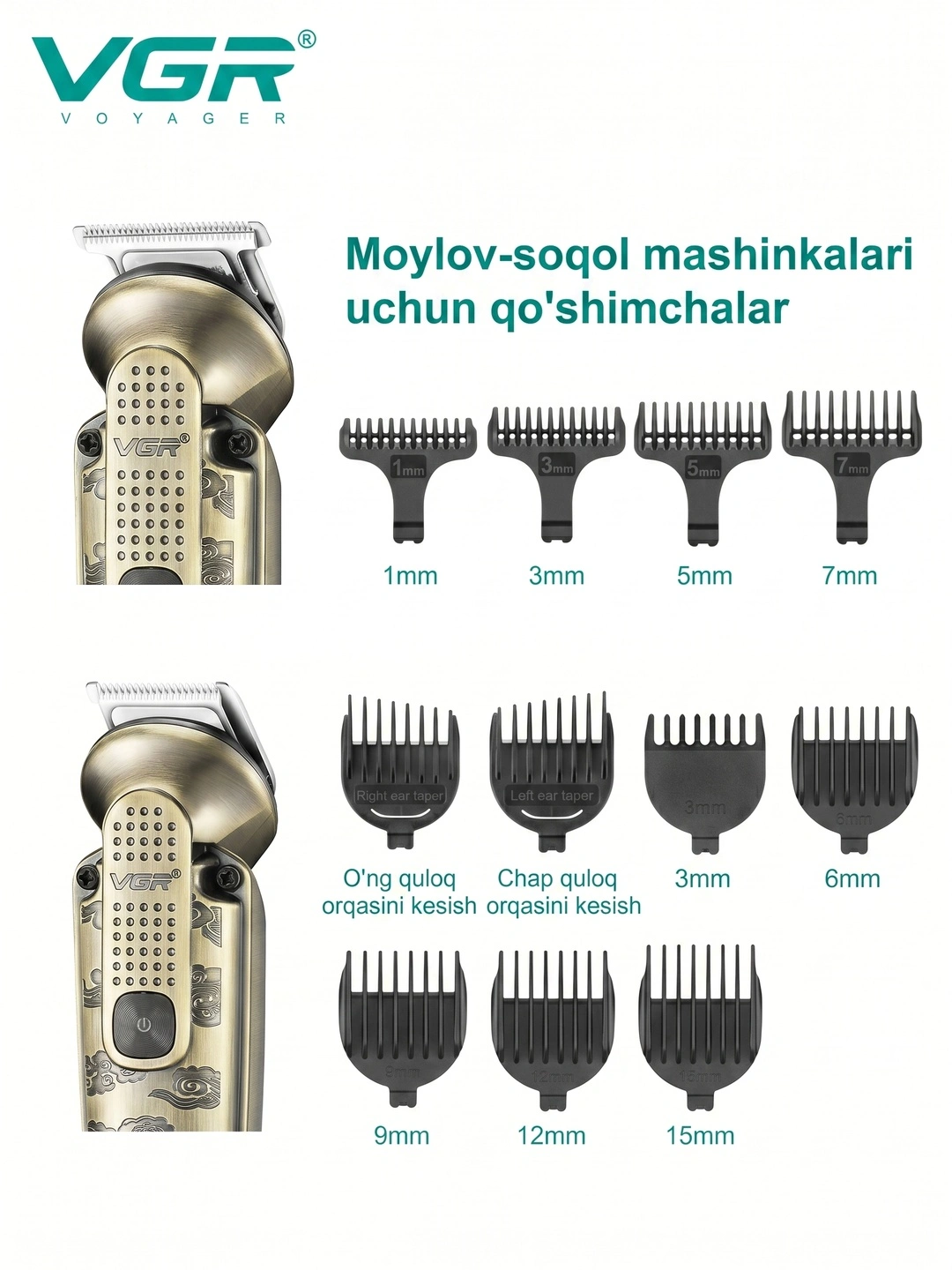 VGR V-095 Kristal Shaffof T-pichoqli Trimmer, IPX6 Suv O'tkazmas, Oltin - 3
