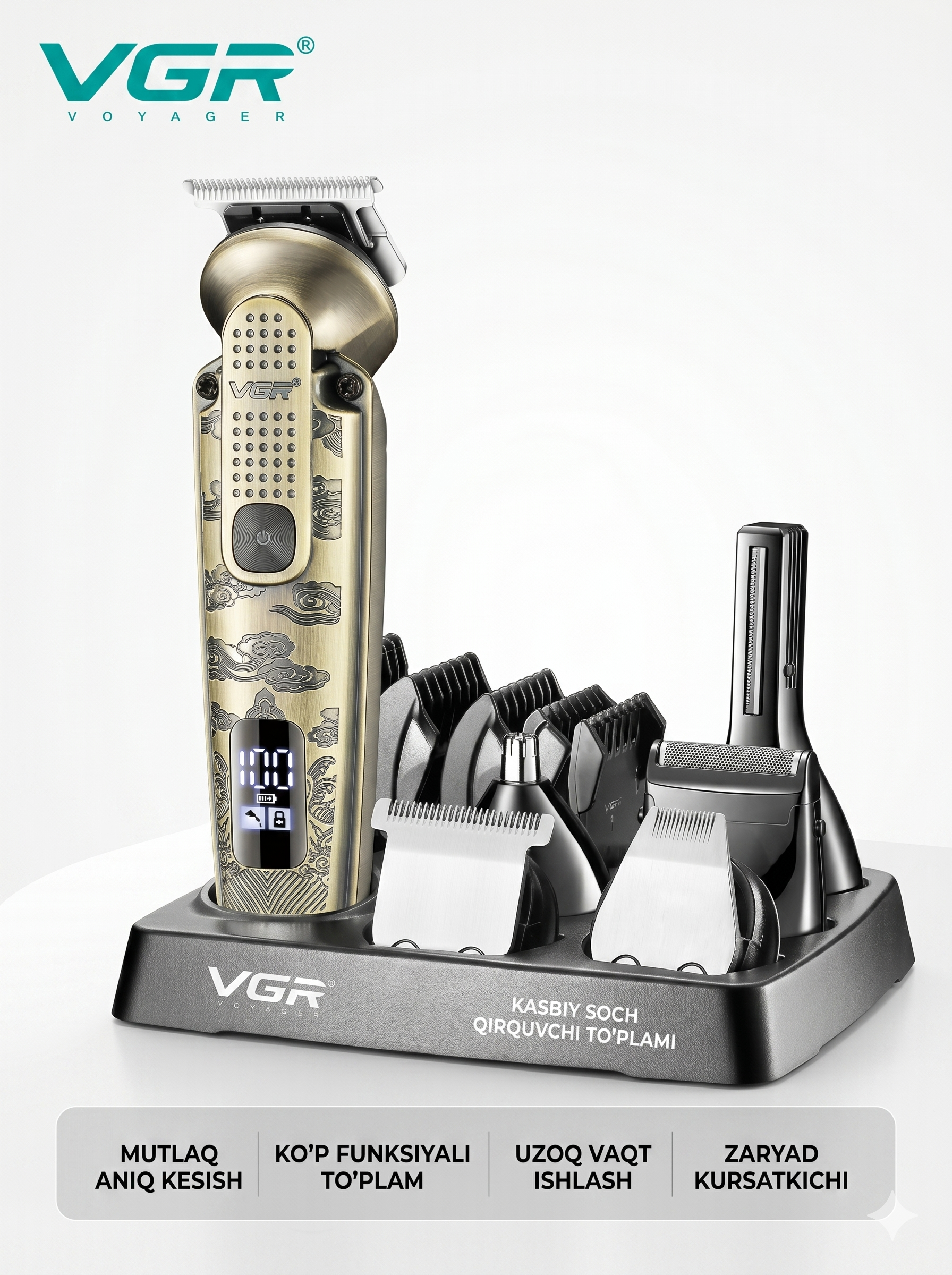 VGR V-095 Kristal Shaffof T-pichoqli Trimmer, IPX6 Suv O'tkazmas, Oltin