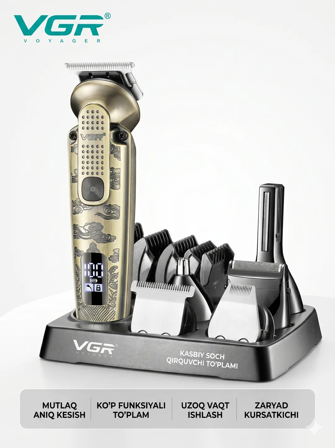 VGR V-095 Kristal Shaffof T-pichoqli Trimmer, IPX6 Suv O'tkazmas, Oltin