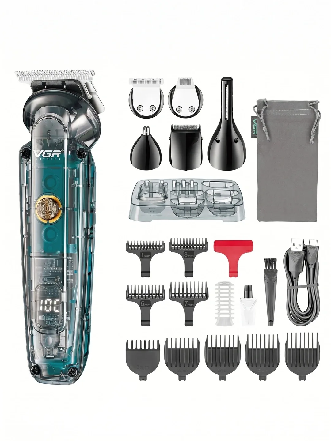 VGR V-102 Soch + Burun Trimmeri, Shaffof Yashil, 4 Nasadka, LED