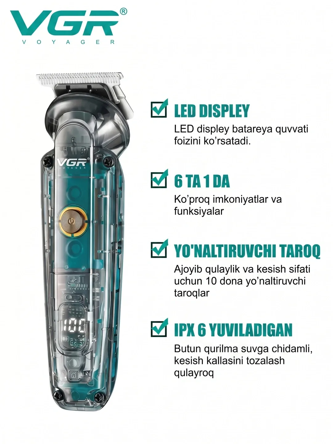 VGR V-102 Soch + Burun Trimmeri, Shaffof Yashil, 4 Nasadka, LED
