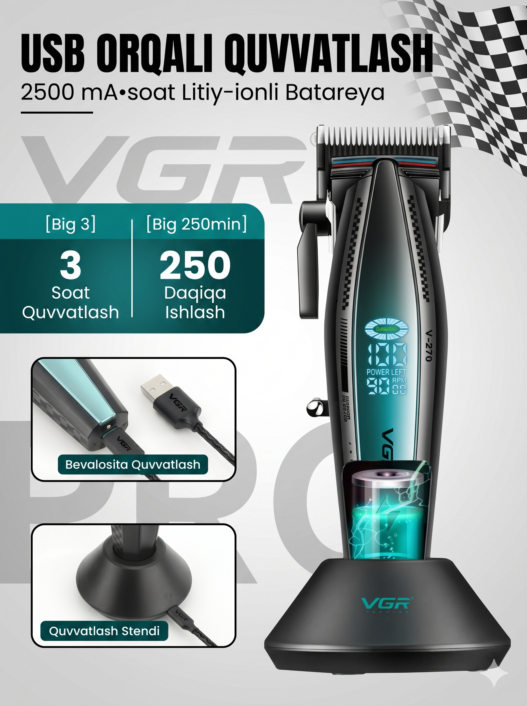 VGR V-270 Professional Soch Trimmeri, 2500mAh, 250 daqiqa, LCD, Zaryadlash Stantsiyasi