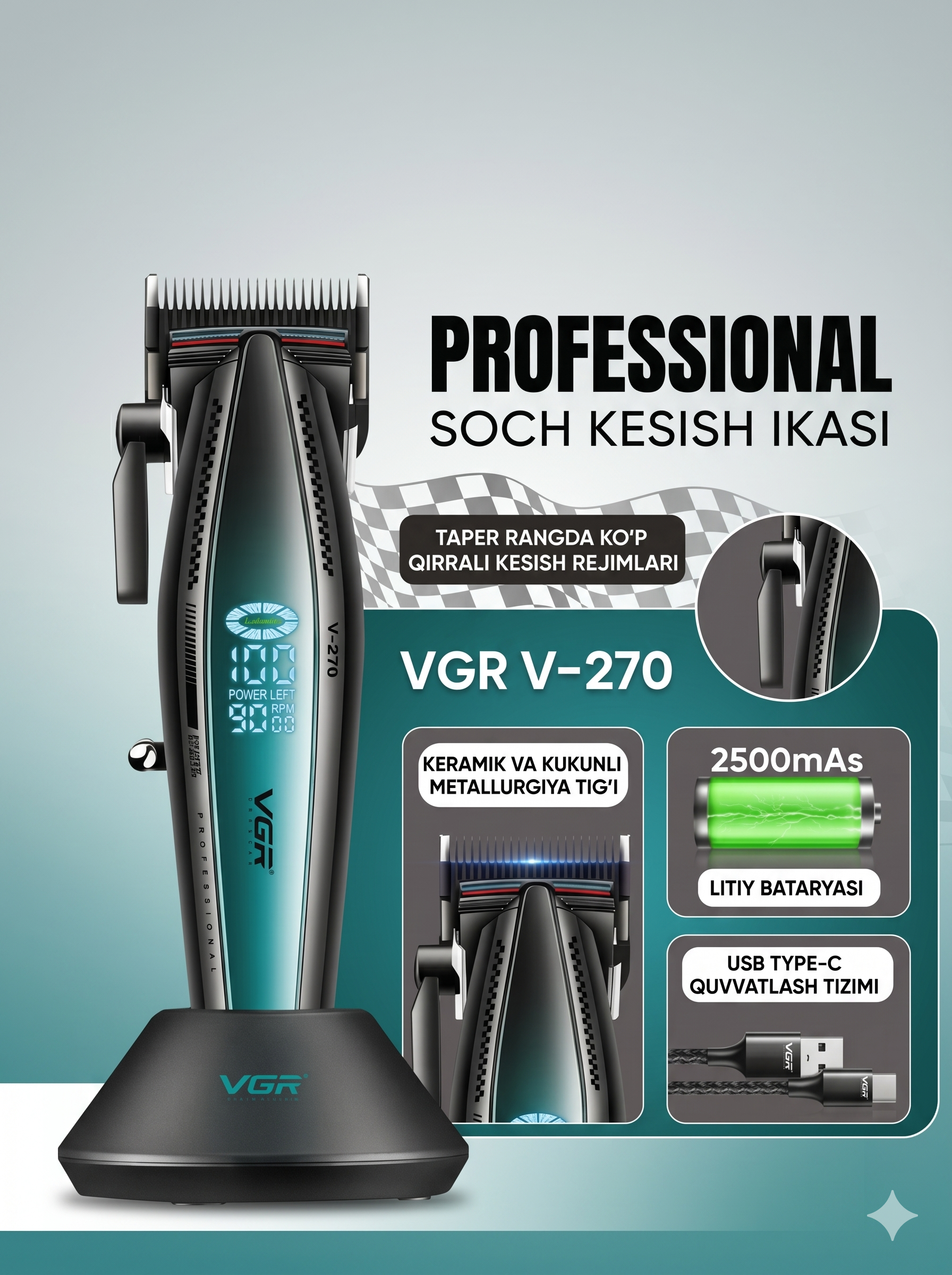 VGR V-270 Professional Soch Trimmeri, 2500mAh, 250 daqiqa, LCD, Zaryadlash Stantsiyasi - 4