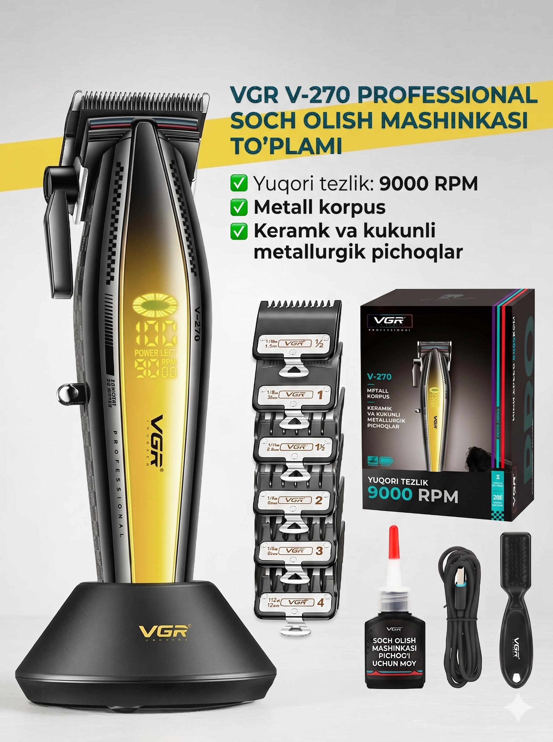 VGR V-270 Professional Soch Trimmeri, 2500mAh, 250 daqiqa, LCD, Zaryadlash Stantsiyasi - 2