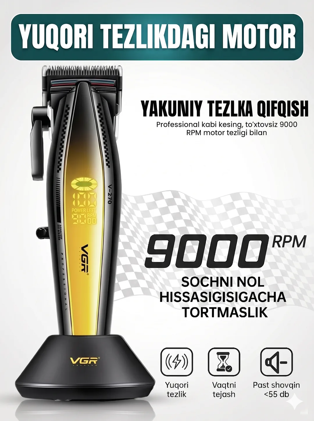 VGR V-270 Professional Soch Trimmeri, 2500mAh, 250 daqiqa, LCD, Zaryadlash Stantsiyasi