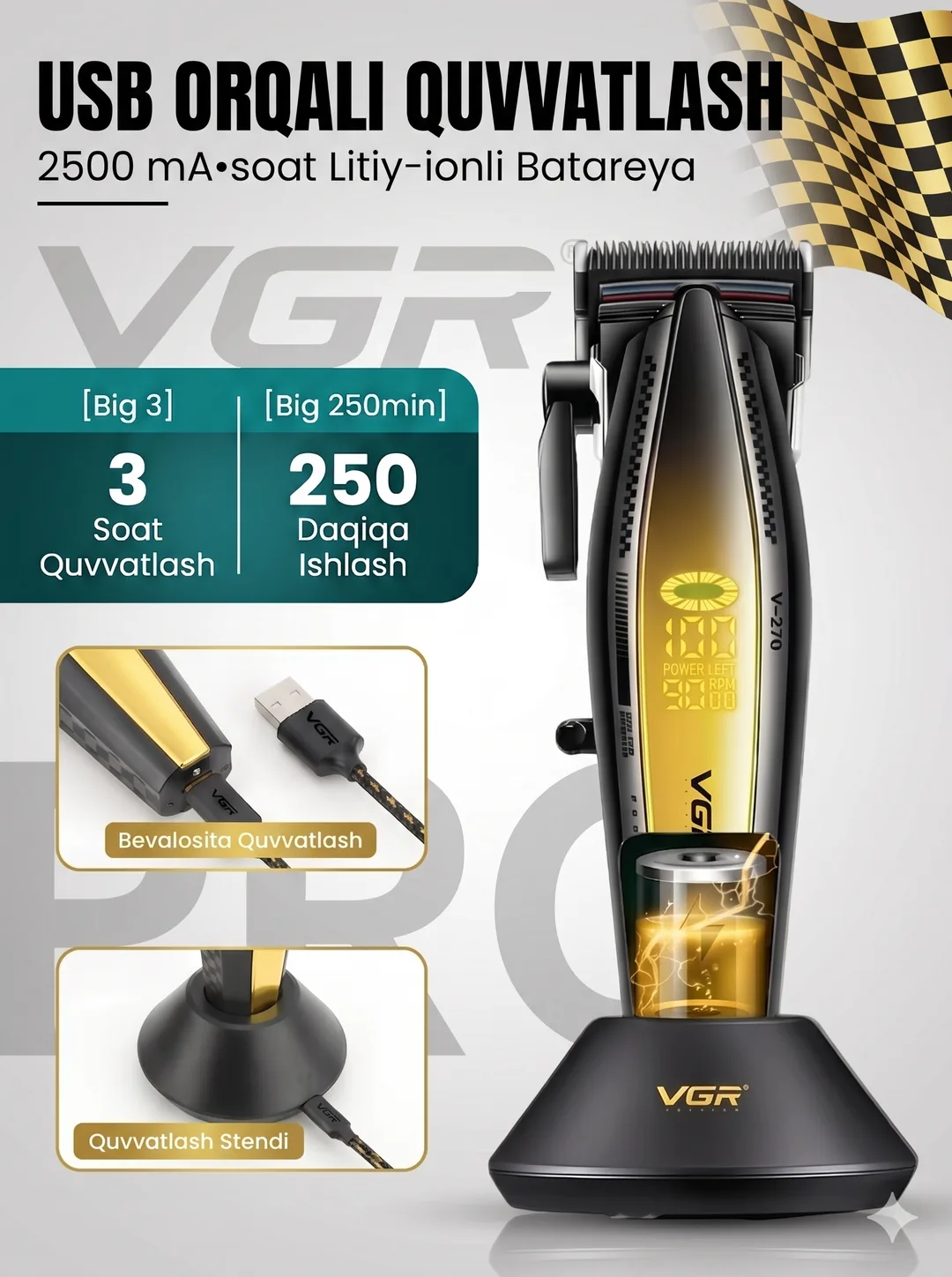VGR V-270 Professional Soch Trimmeri, 2500mAh, 250 daqiqa, LCD, Zaryadlash Stantsiyasi