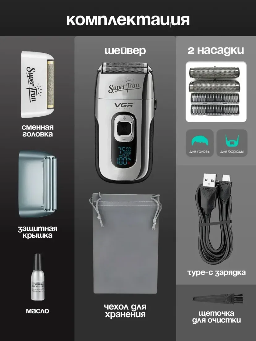 Профессиональный триммер для волос и бороды VGR V-332-SILVER, Серебристый