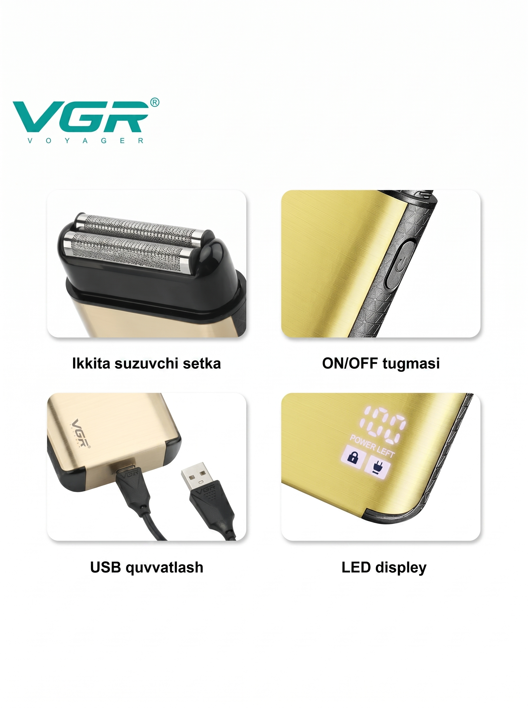 VGR V-359 Premium Foil Qiruq, Gipoallergen Zanglamas To'r, 2 Pichoq, Alyuminiy Korpus, 8000 RPM, 120 daq, LED - 2