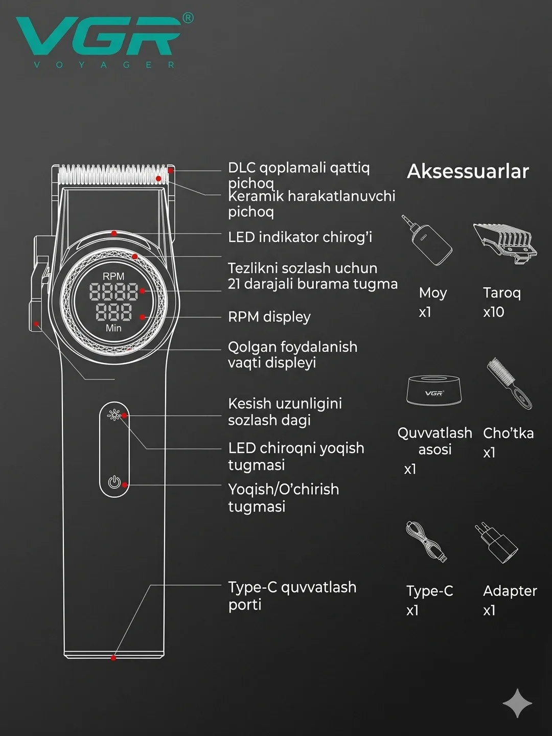 VGR V-001 Professional Soch Olish Mashinkasi, DLC+Keramika Pichoq, 2-Darajali Tezlik, LED