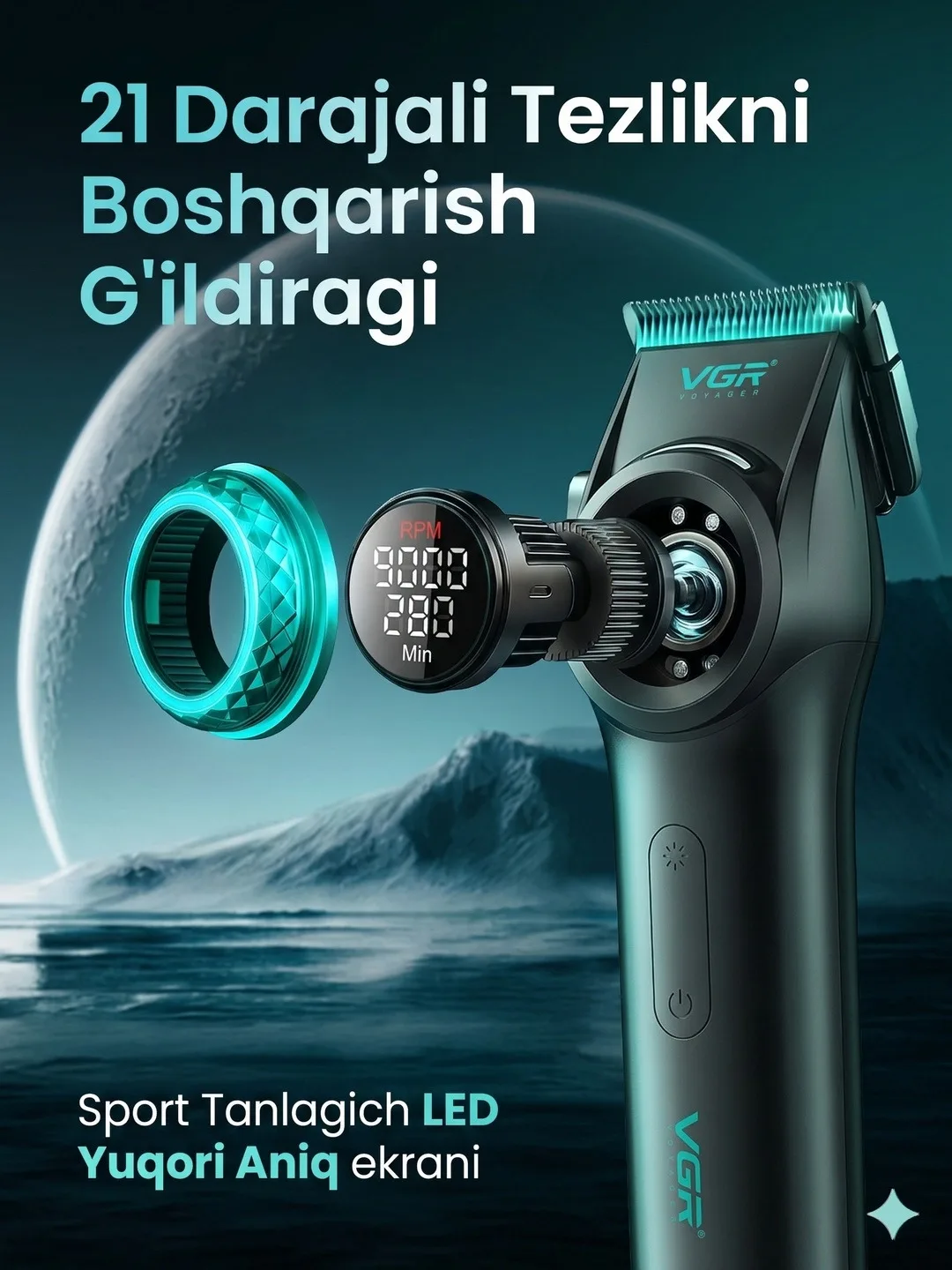 VGR V-001 Professional Soch Olish Mashinkasi, DLC+Keramika Pichoq, 2-Darajali Tezlik, LED
