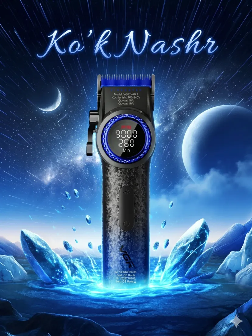 VGR V-671 professional soch va soqol trimmeri, ko'k rang, karbon dizayn, raqamli displey