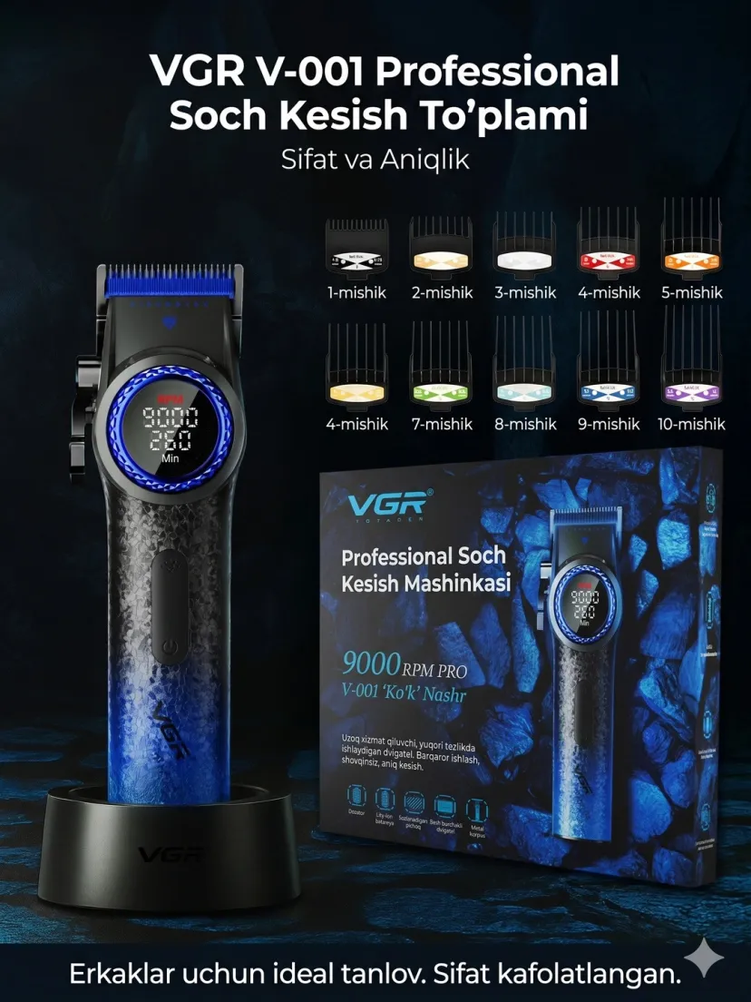 VGR V-671 professional soch va soqol trimmeri, ko'k rang, karbon dizayn, raqamli displey