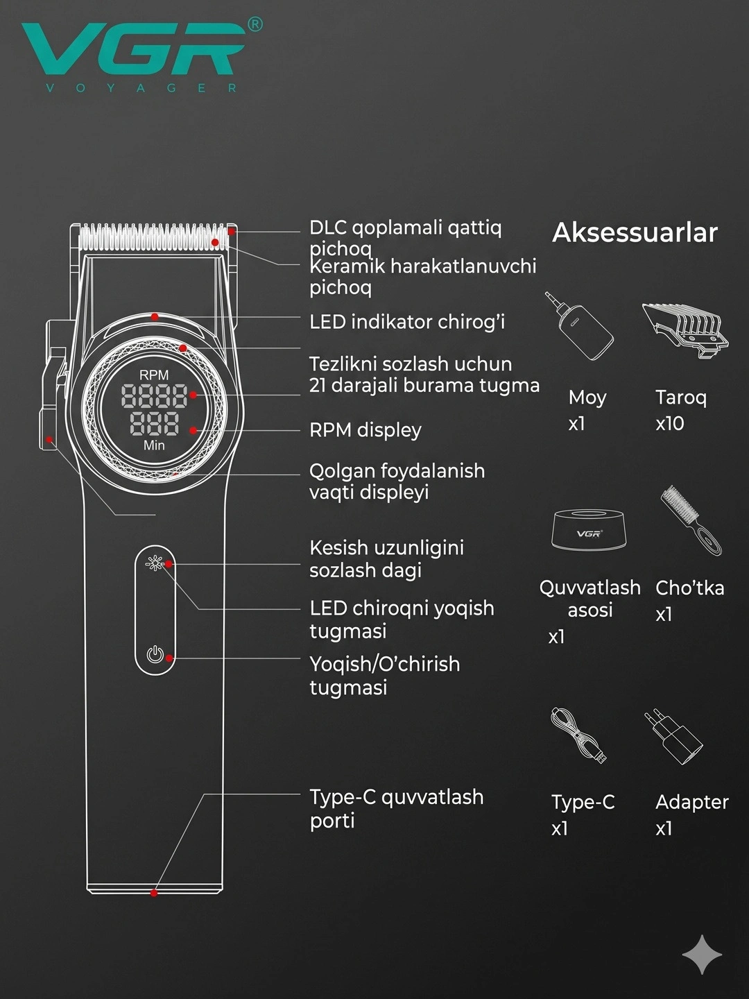 VGR V-001 Professional Soch Olish Mashinkasi, DLC+Keramika Pichoq, 2-Darajali Tezlik, LED - 2
