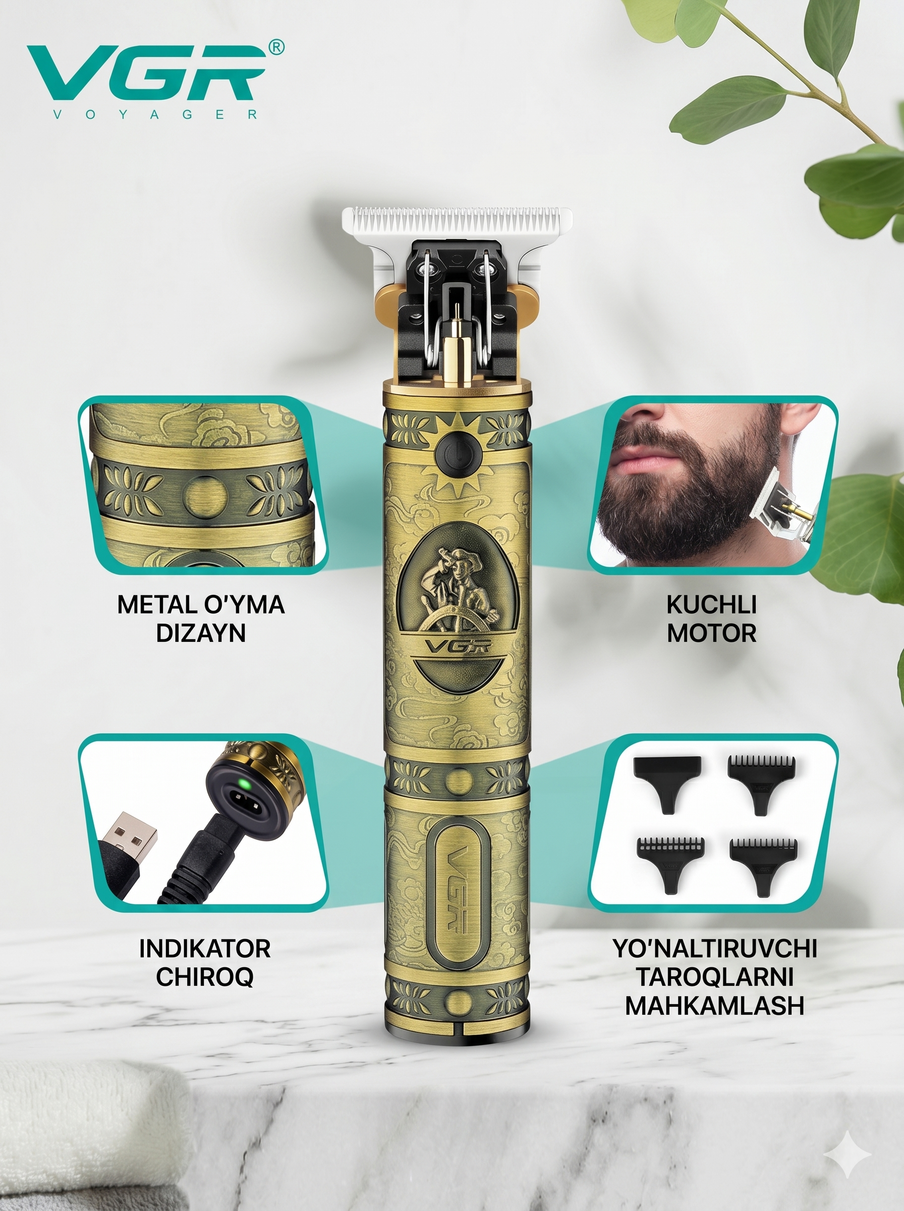 VGR V-085 Vintage Oltin T-pichoqli Trimmer, 1500mAh, 300 daqiqa, USB