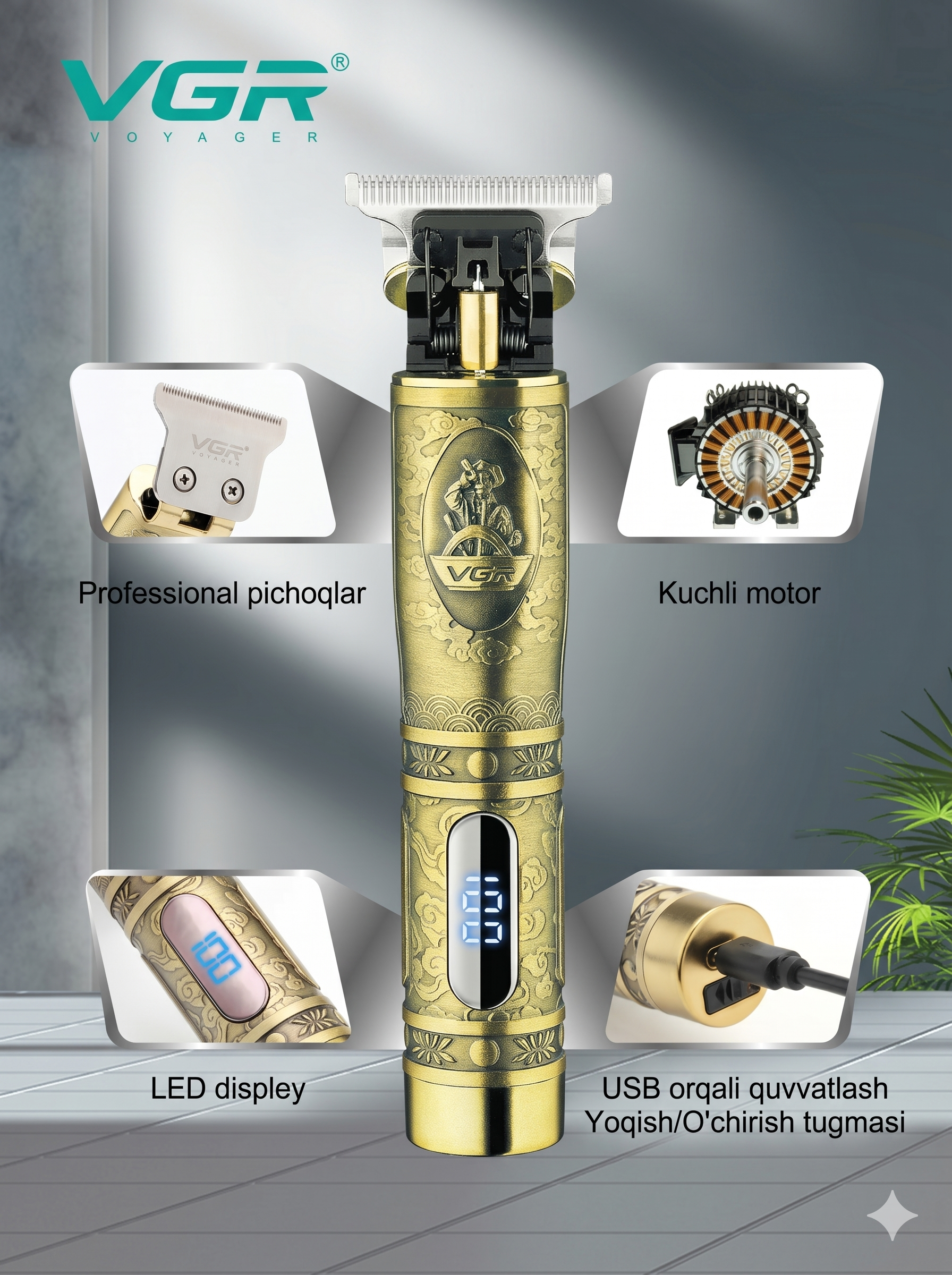 Soch va soqol olish uchun professional trimmer VGR V-091, Oltin