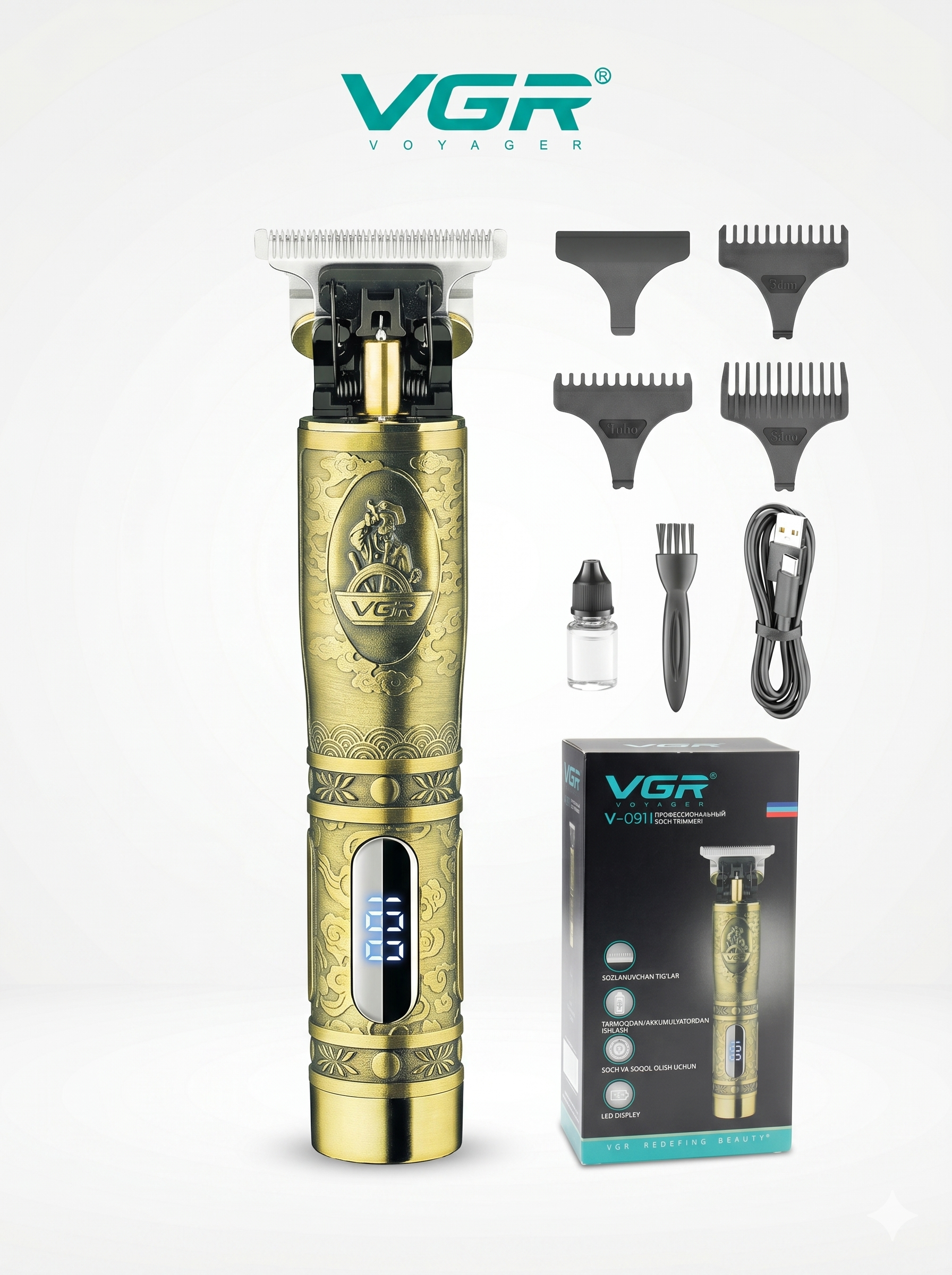 Soch va soqol olish uchun professional trimmer VGR V-091, Oltin - 2