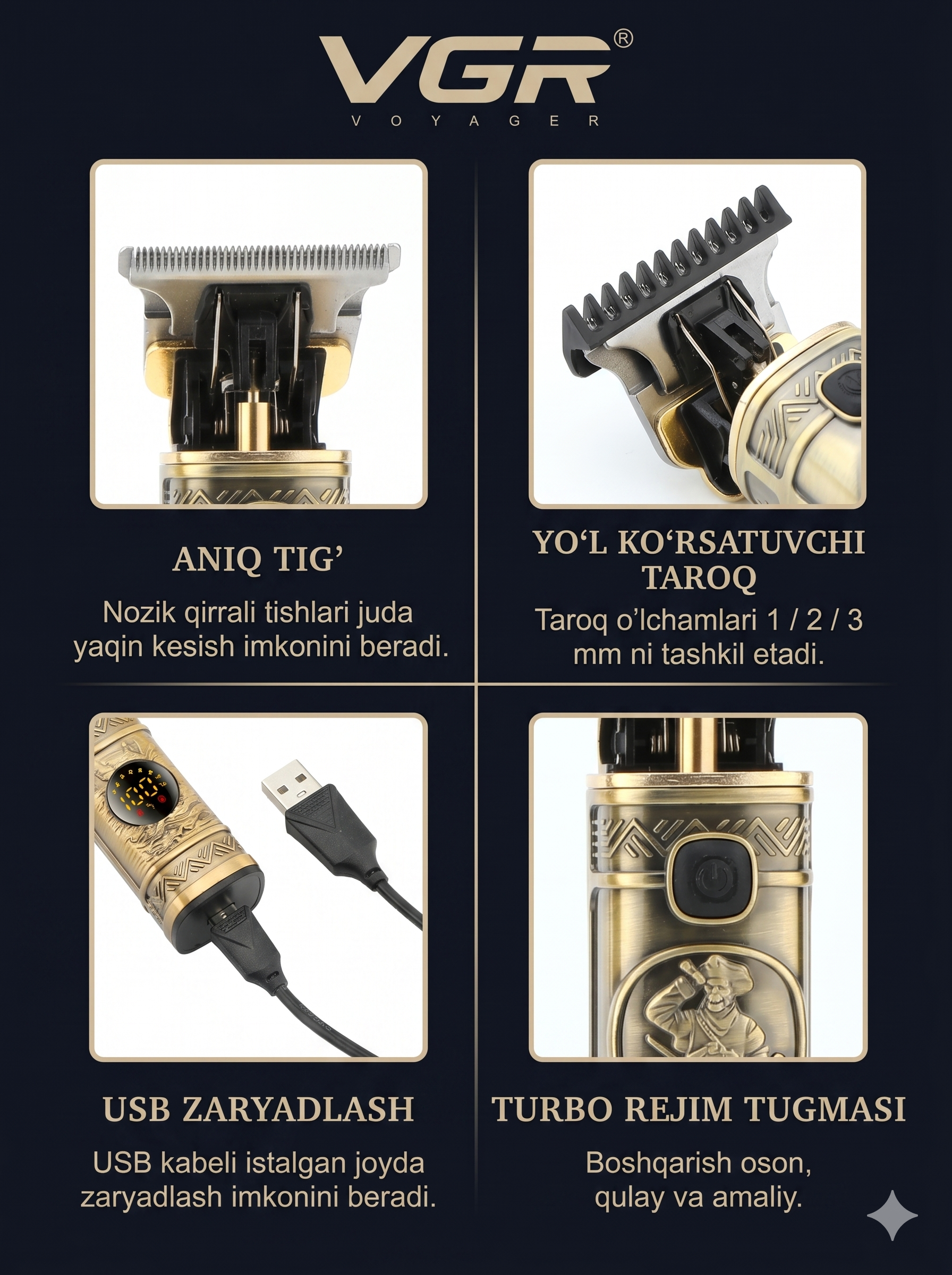 VGR V-097 Trimmer Turbo 6500 RPM, T-pichoq, Type-C, 400 daqiqa - 5