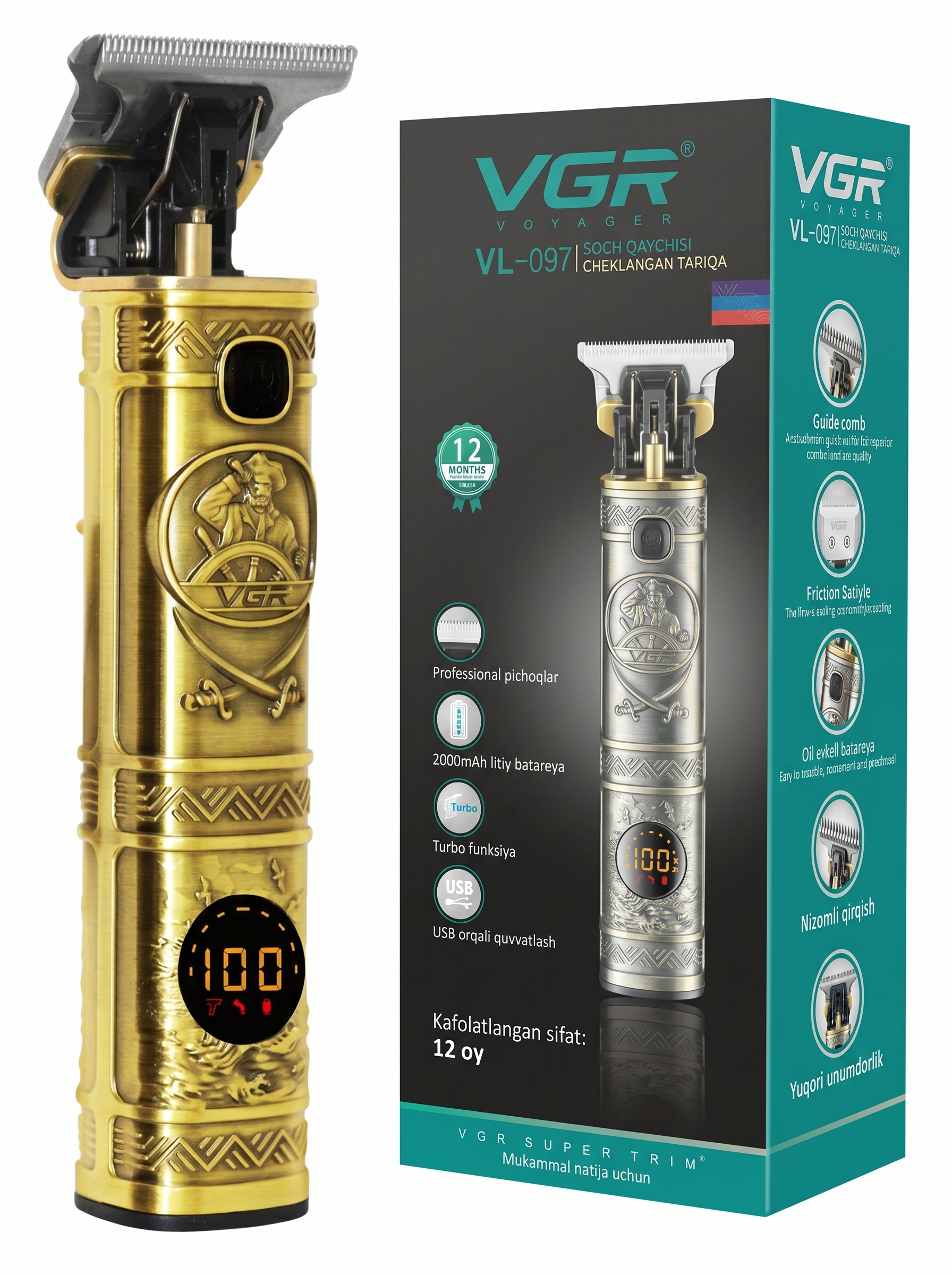 VGR V-097 Trimmer Turbo 6500 RPM, T-pichoq, Type-C, 400 daqiqa - 7