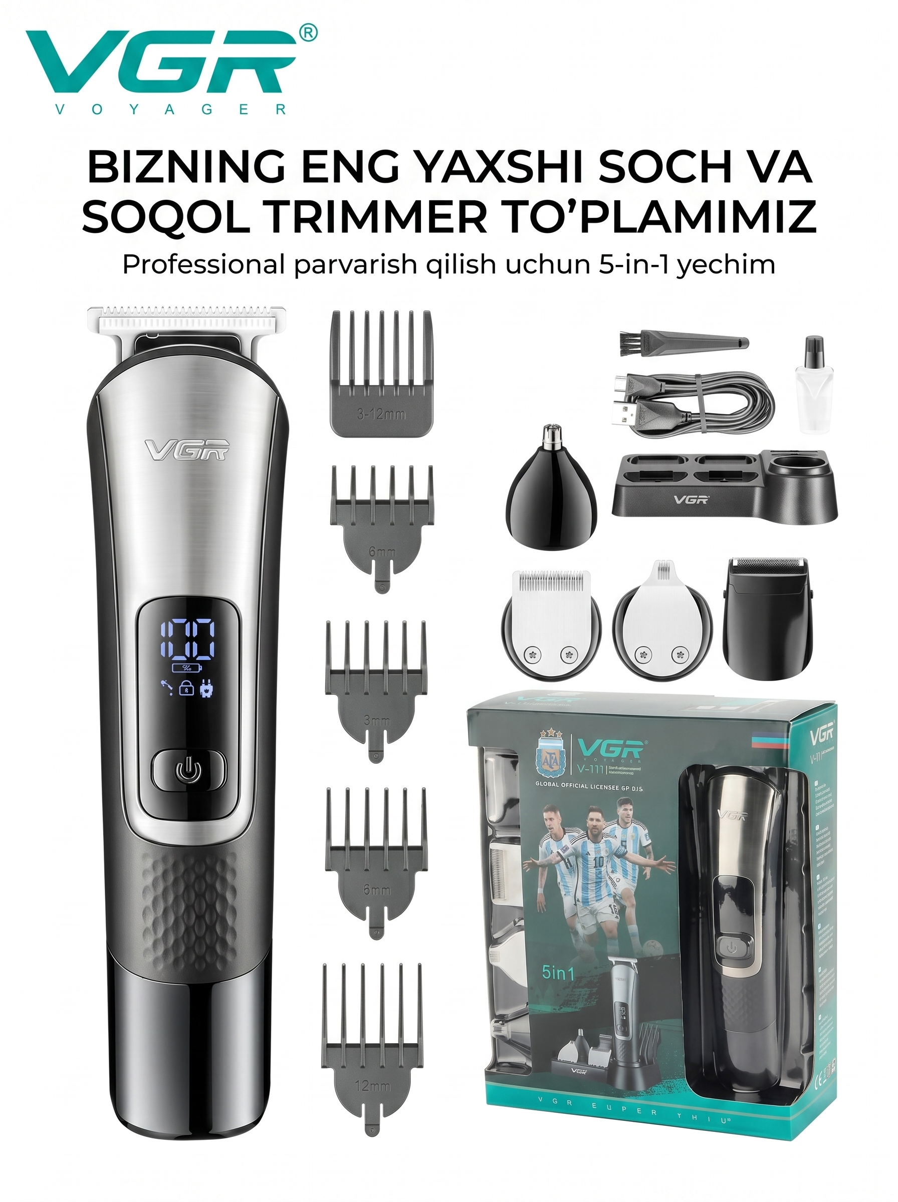 VGR V-111 5-ta-1da Grooming Kit, 5 Nasadka, LCD, AFA Rasmiy Litsenziyali - 2