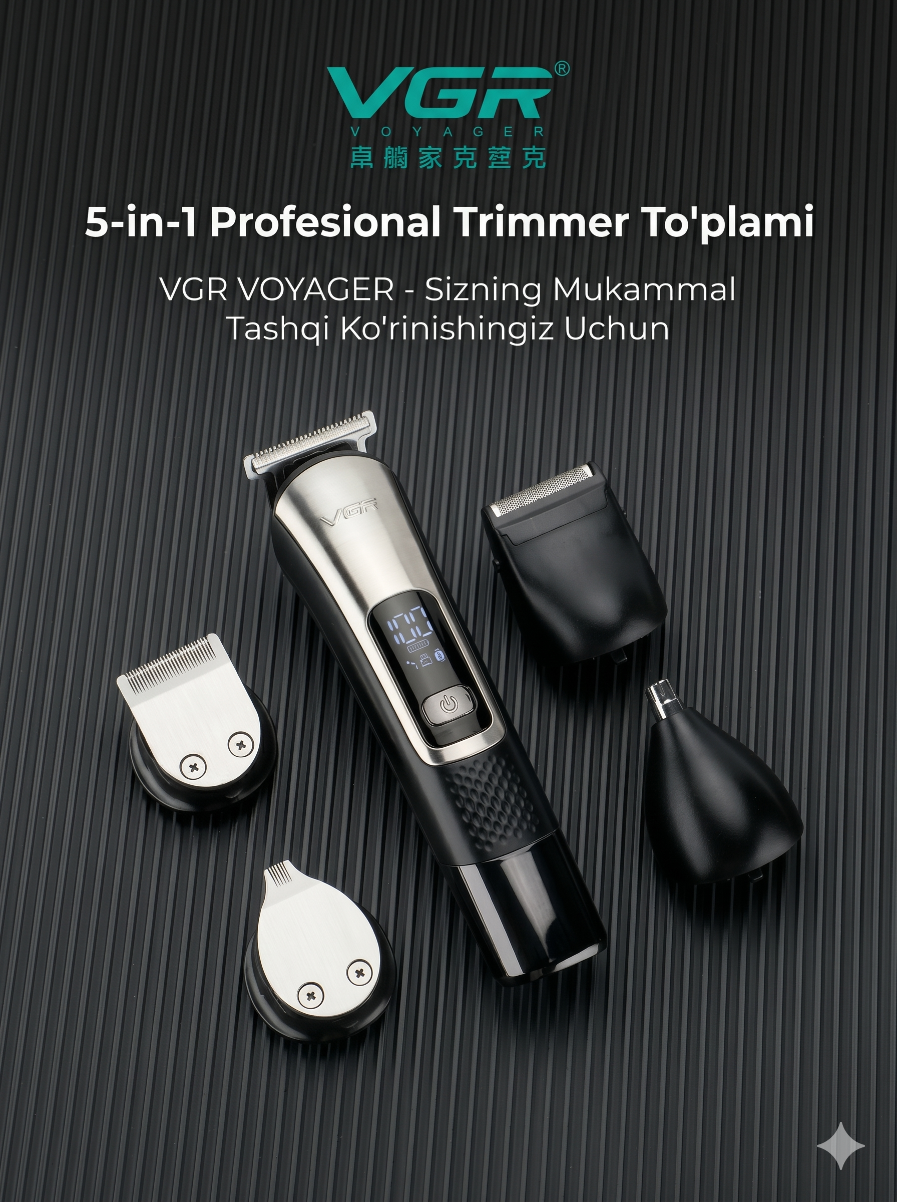 VGR V-111 5-ta-1da Grooming Kit, 5 Nasadka, LCD, AFA Rasmiy Litsenziyali - 5