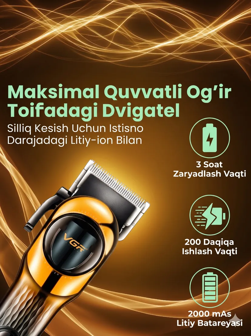 VGR V-166 Oltin - Professional Soch va Soqol Trimmeri, 2000mAh Li-Ion Batareya, LED Ekran