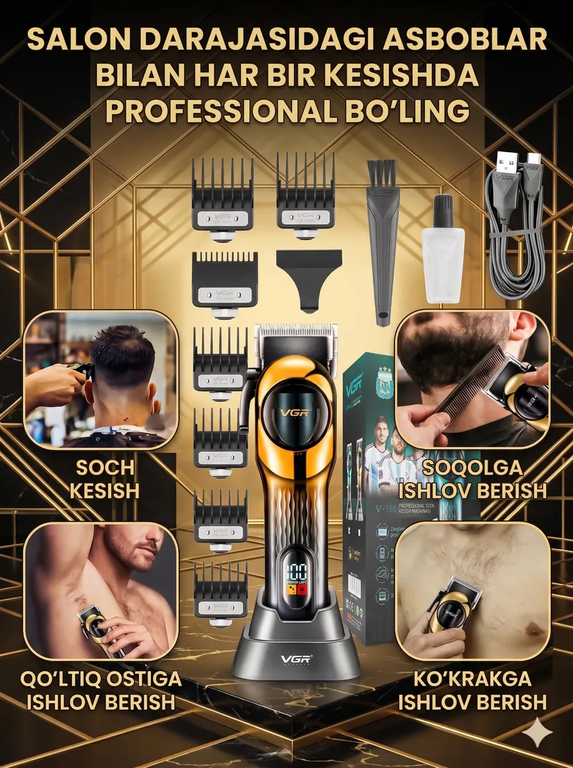VGR V-166 Oltin - Professional Soch va Soqol Trimmeri, 2000mAh Li-Ion Batareya, LED Ekran