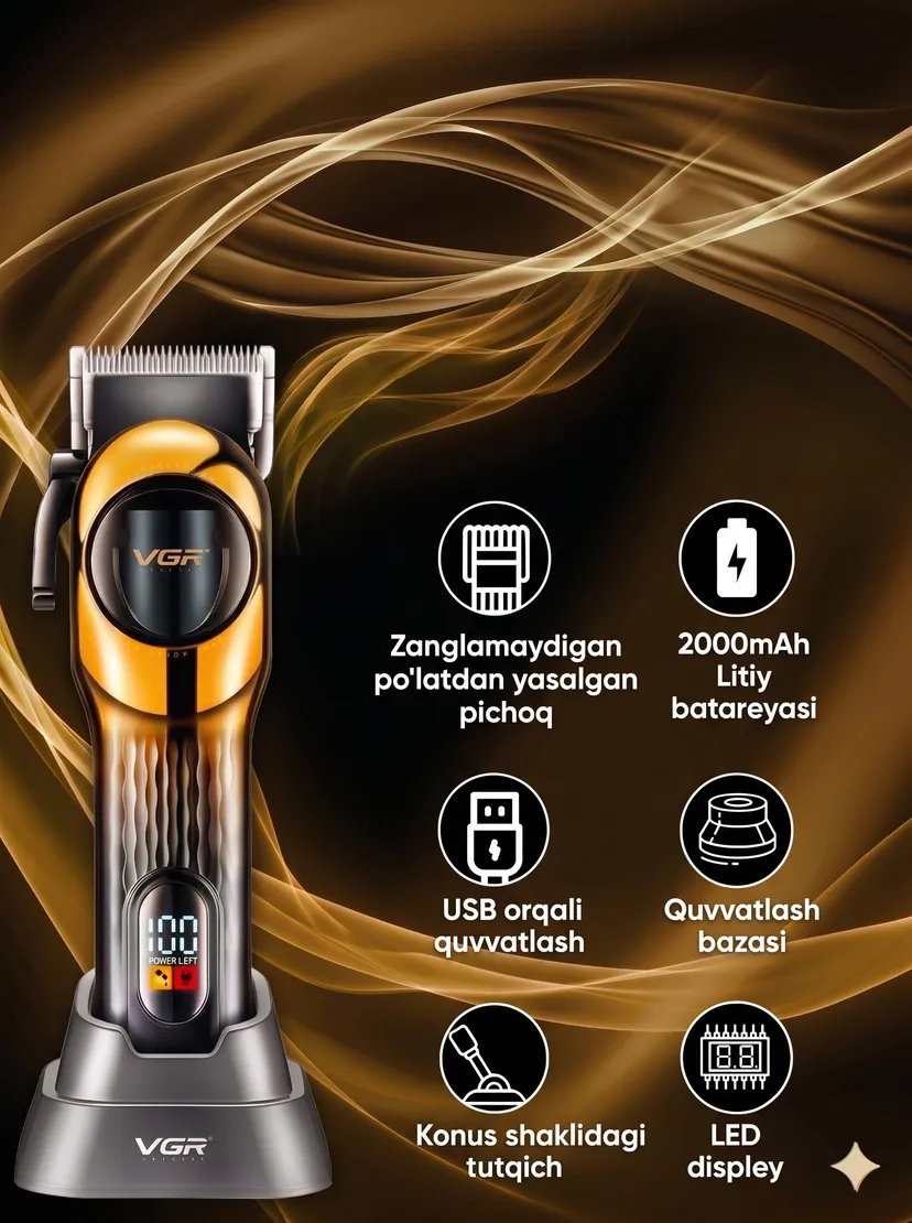 VGR V-166 Oltin - Professional Soch va Soqol Trimmeri, 2000mAh Li-Ion Batareya, LED Ekran