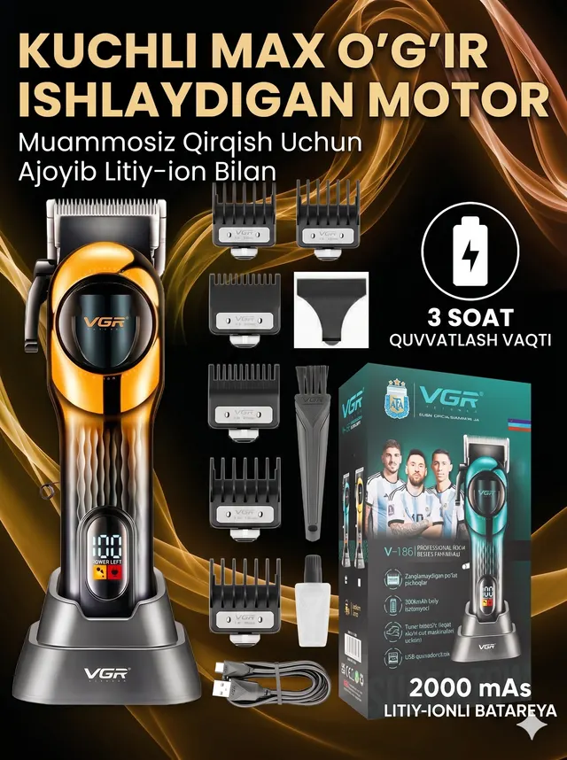 VGR V-166 Oltin - Professional Soch va Soqol Trimmeri, 2000mAh Li-Ion Batareya, LED Ekran