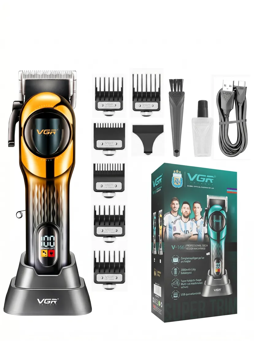 VGR V-166 Oltin - Professional Soch va Soqol Trimmeri, 2000mAh Li-Ion Batareya, LED Ekran