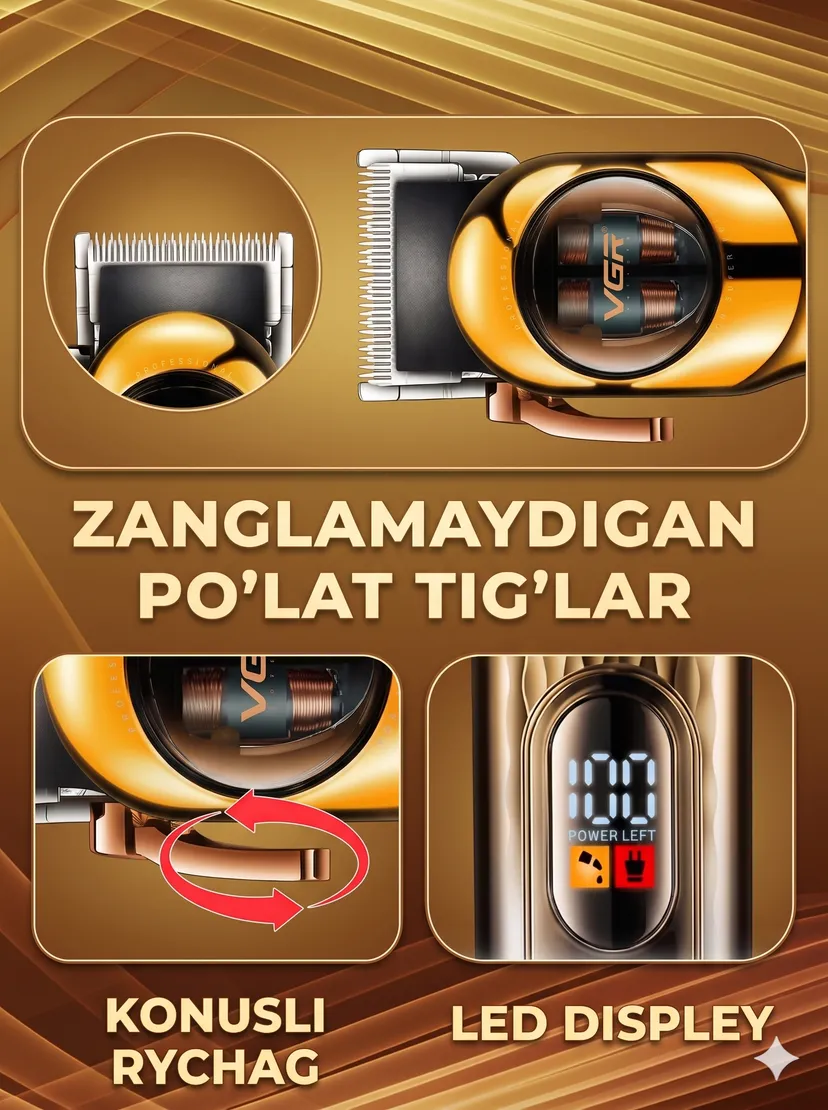 VGR V-166 Oltin - Professional Soch va Soqol Trimmeri, 2000mAh Li-Ion Batareya, LED Ekran
